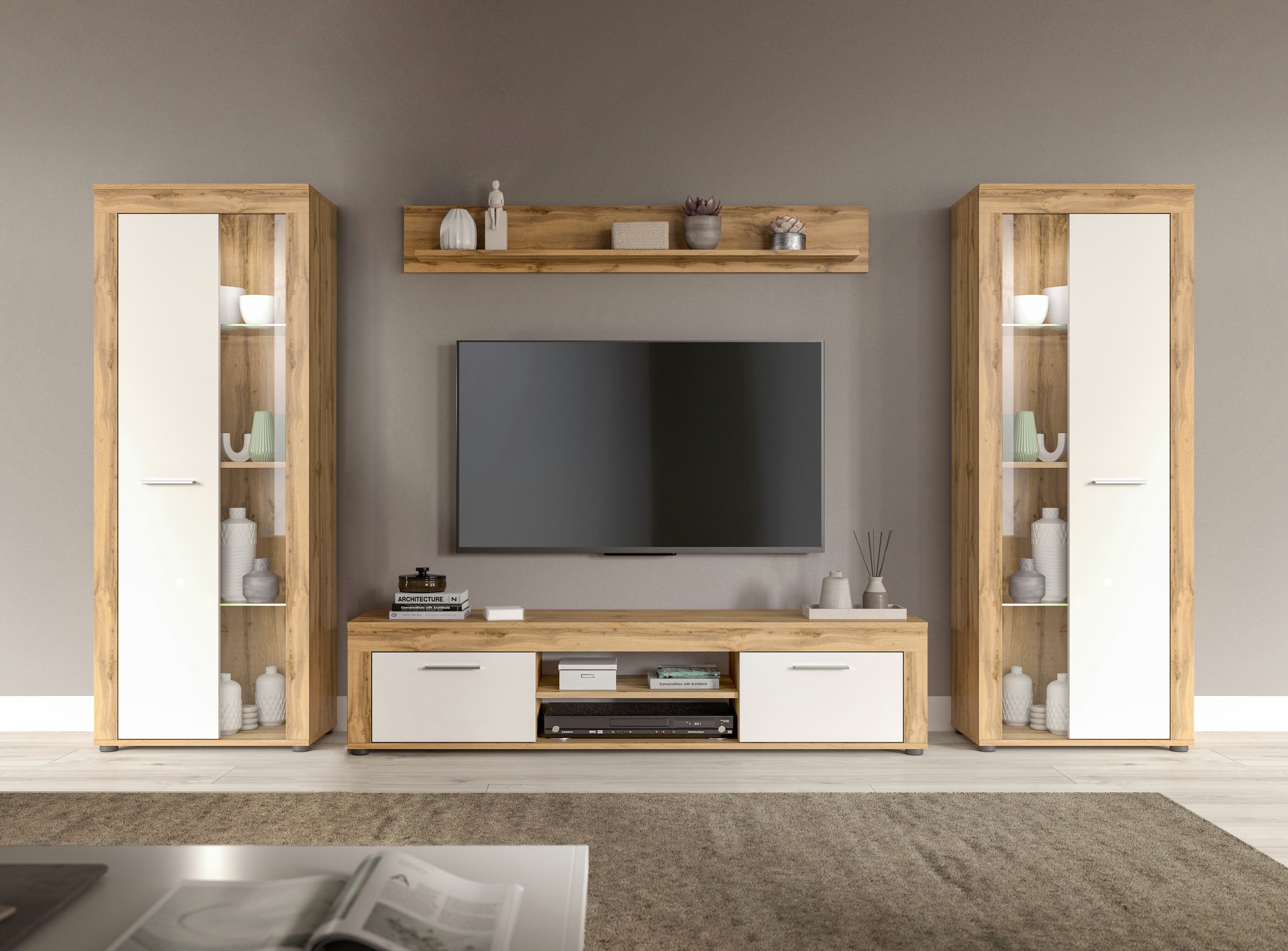 INOSIGN Wohnwand Aosta, Breite 310cm, best. aus: 2x Vitrine, Lowboard, Wandboard, Wohnwand, Kombination, Anbauwand, Möbel Set, Schrankwand, Möbel Kombi