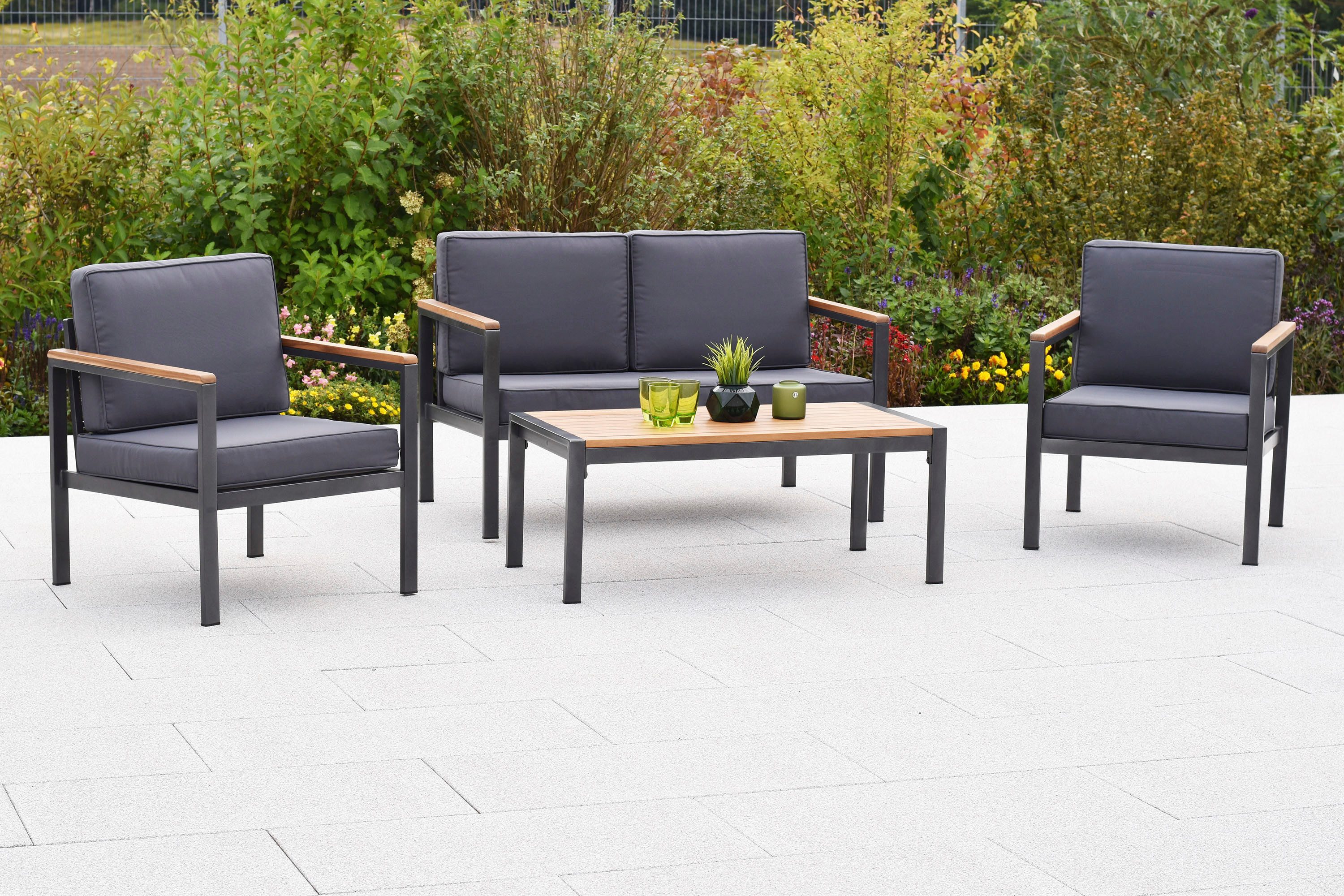 MERXX Gartenlounge-Set »Kavos«, (Set, 10-tlg), Tischplatte und Applikationen aus Kunststoff in Holzoptik