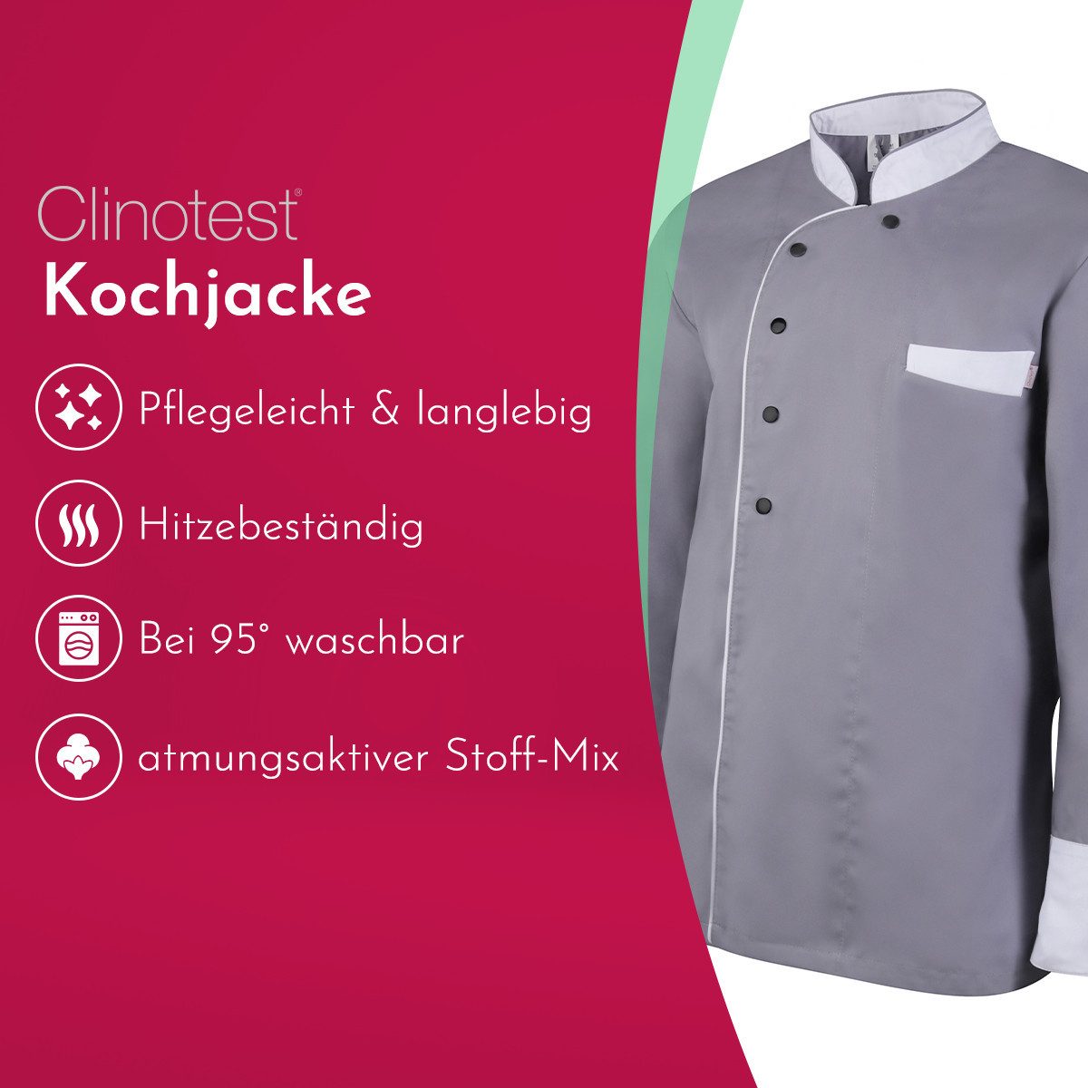 Clinotest Kochjacke langarm - 95 Grad waschbare, kochfeste Kochjacken ohne Einlaufen (1-St) Kochhemd aus 65% Polyester, 35% Baumwolle, mit Druckknopfverschluss – Bild 2 von 5