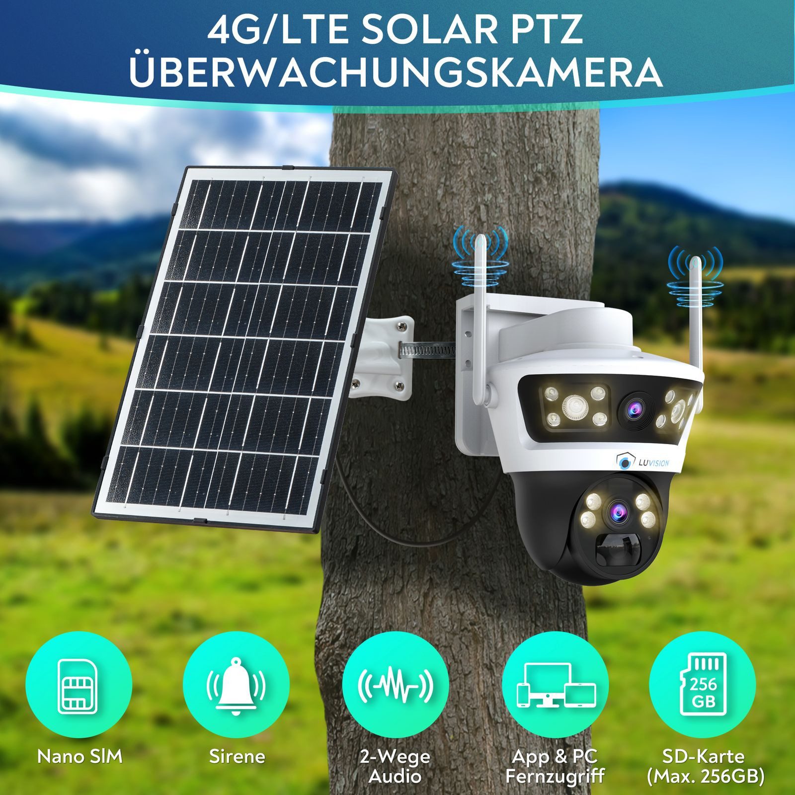 LUVISION Überwachungskamera LV-G-2032 4G LTE PTZ Solar mit SIM Karte KI Auto Tracking Nachtsicht (Außenbereich, 1-tlg., 4G / LTE PTZ Solar Überwachungskamera SI – Bild 3 von 5