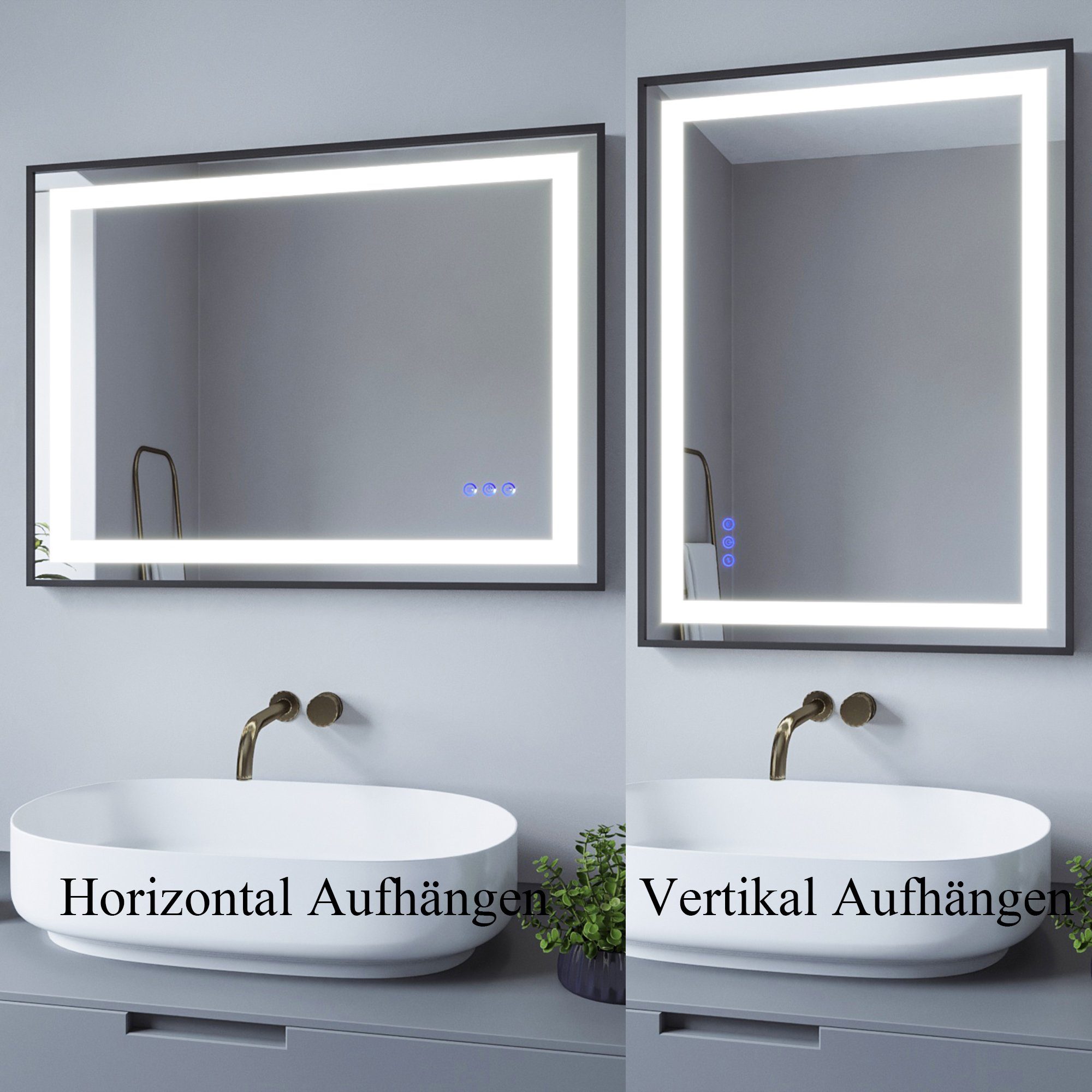 AQUALAVOS Badspiegel Badspiegel mit Beleuchtung, Energiesparender 6400K Warmweiß Schwarzer Antibeschlage LED Licht Rahmen 3000K Kaltweiß/ Licht Lichtspiegel, mit