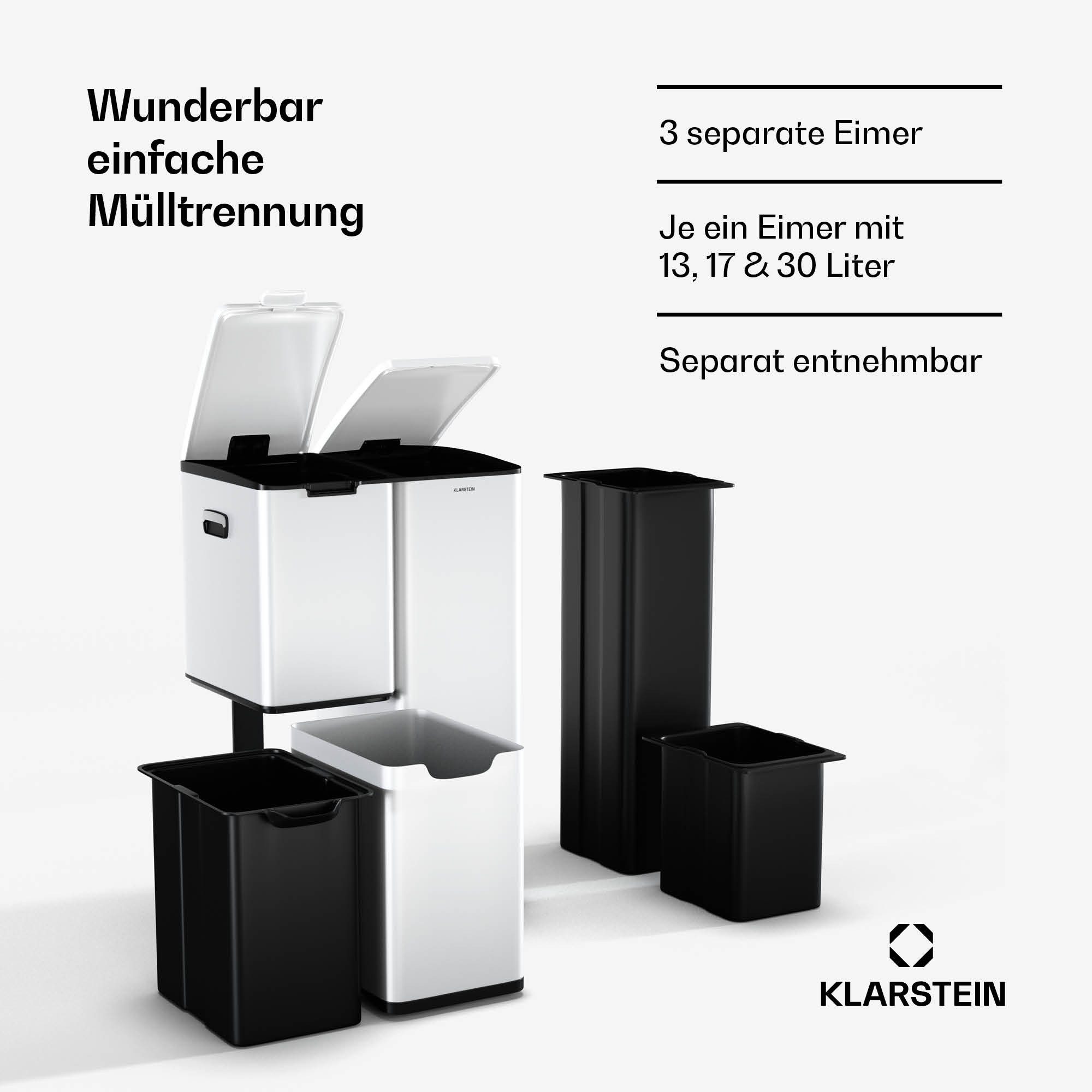 Klarstein Mülltrennsystem Tiyo, Mulleimersystem 3 fächer trennsystem 60 L mit griff Stahl