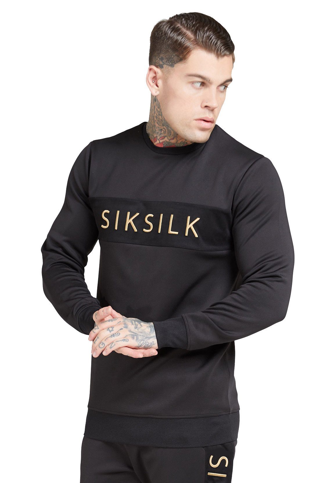 Siksilk Sweater SikSilk Herren Crewneck EYELET PANEL CREW SWEATER SS-15713  Black Gold Schwarz