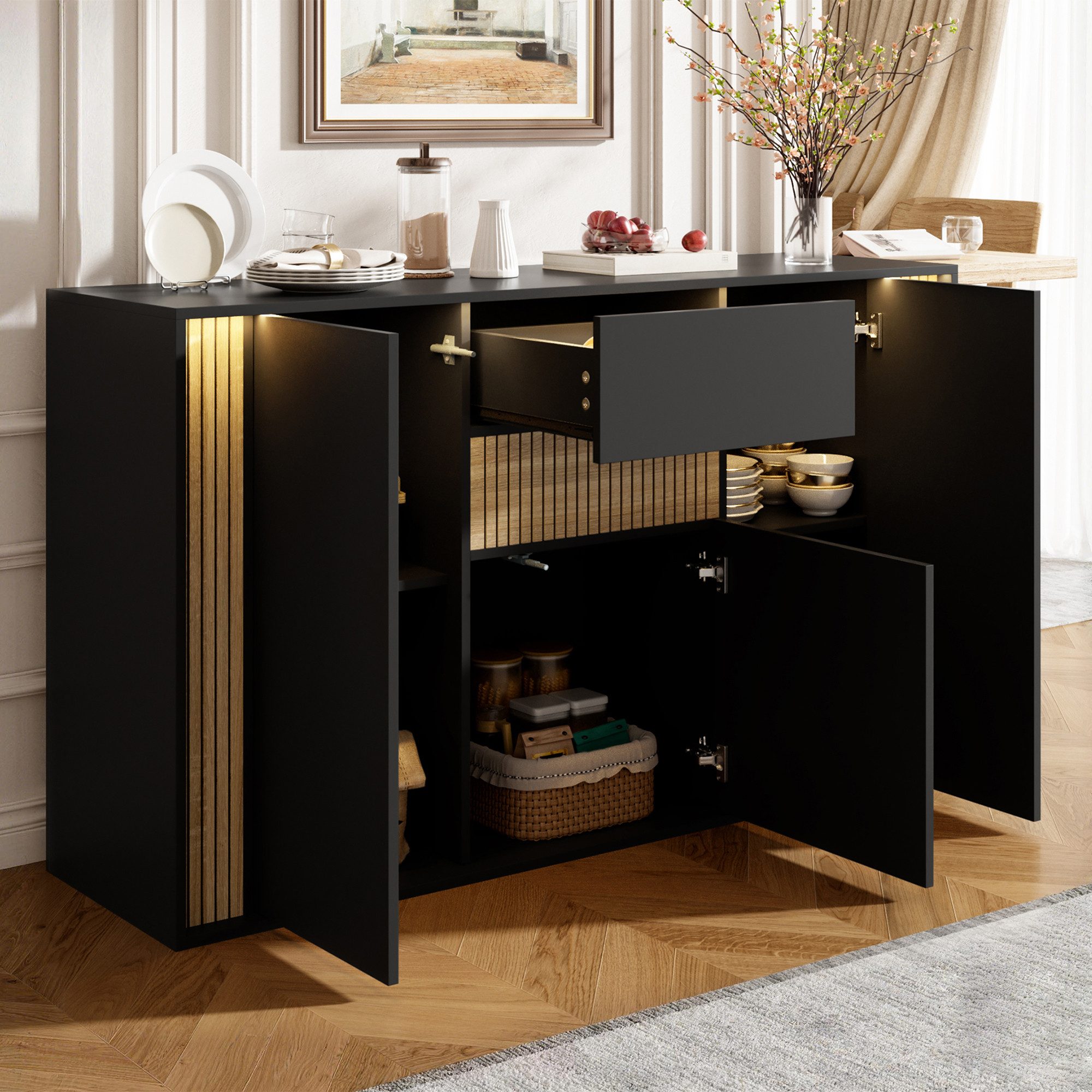 Flieks Kommode mit verstellbarer LED-Beleuchtung, 1 Schublade und 3 Türen (140×40×82 cm, 1 St), Sideboard Mehrzweckschrank Multifunktionsschrank Holzoptik&Schwarz