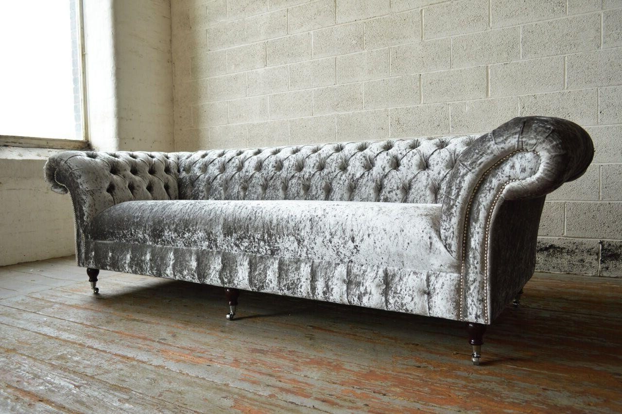 Xlmoebel Chesterfield-Sofa Silbernes Textil-Leder Sofa im Chesterfield-Stil, Hergestellt in Europa