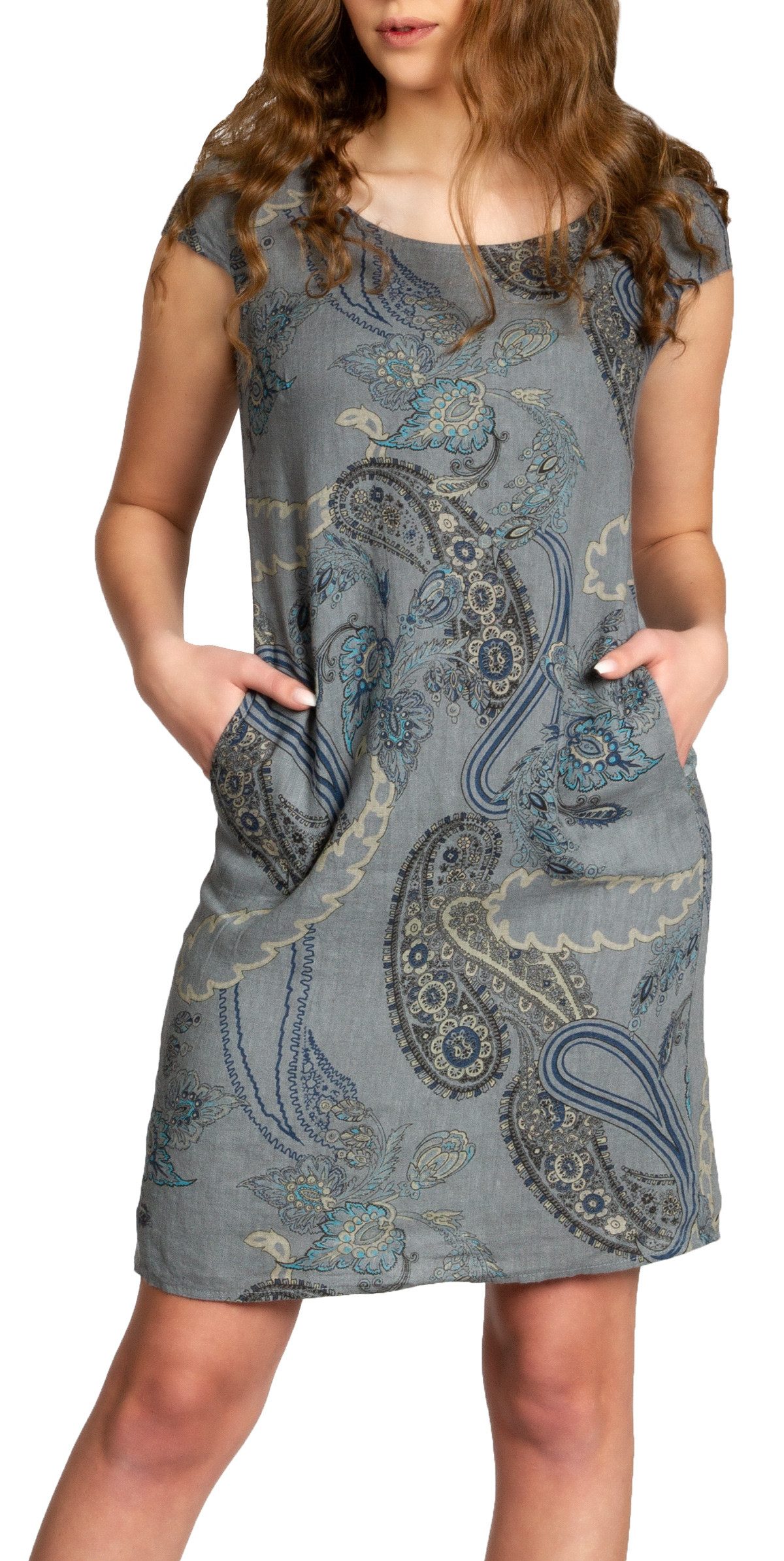 Caspar Sommerkleid SKL022 Damen Sommer Leinenkleid mit Paisley Print bis Größe 50 Luftig leicht, figurumspielende Form, mit seitlichem Jersey-Einsatz