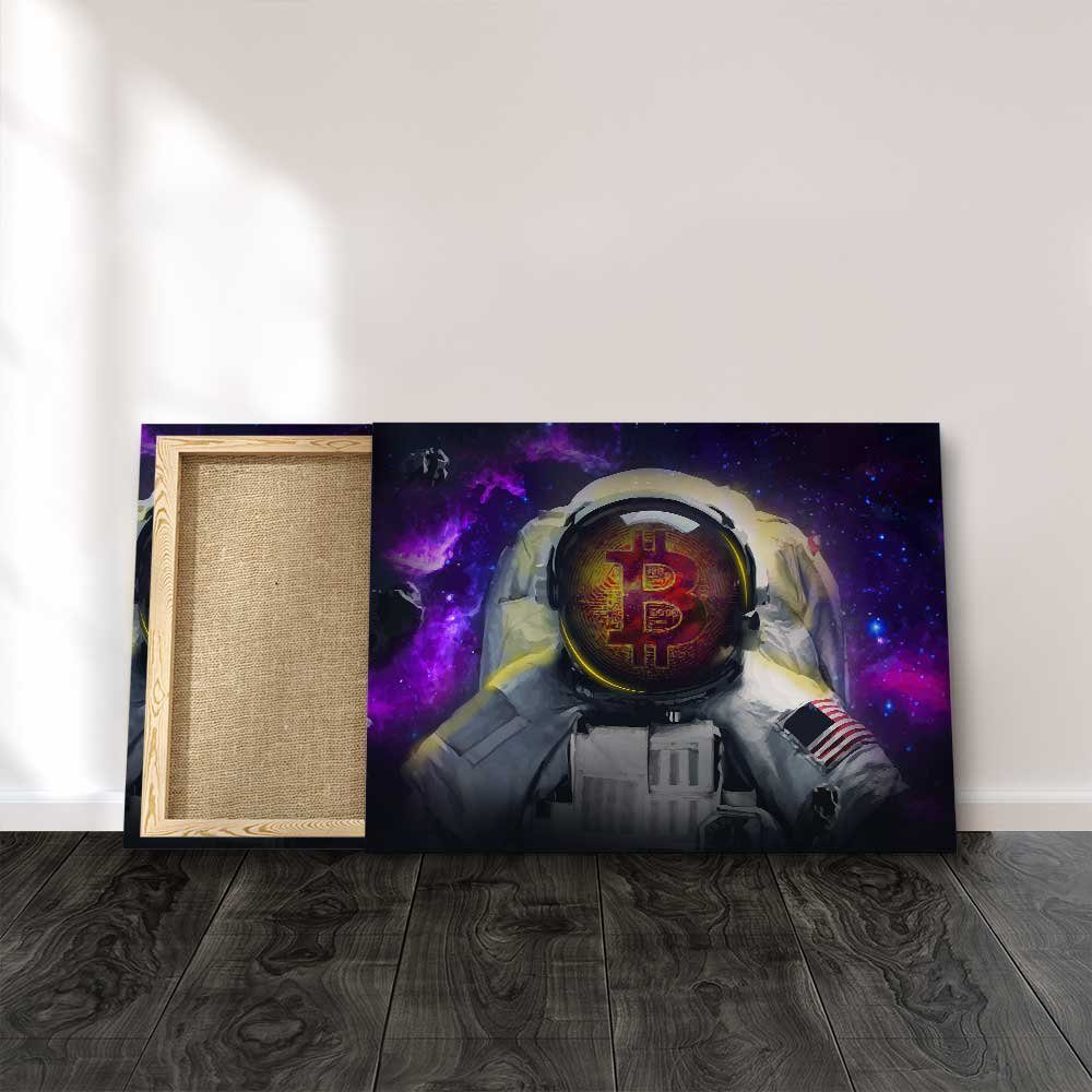 Wandbild Motivation Bitcoin violett Raumanzug Leinwandbild Rahmen DOTCOMCANVAS® Astronaut Bitcoin lila Astronaut, Helm bl ohne