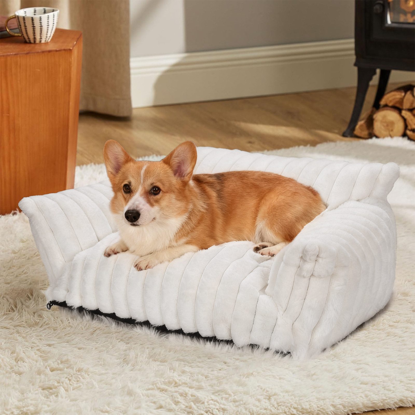 Elegear Tierbett Haustiersofa für Katzen & Hunde, 61/76 cm, Rutschfest, Weiß/Grau, Kaninchenfell & PP-Baumwolle, Rutschfeste Unterseite Maschinenwaschbar