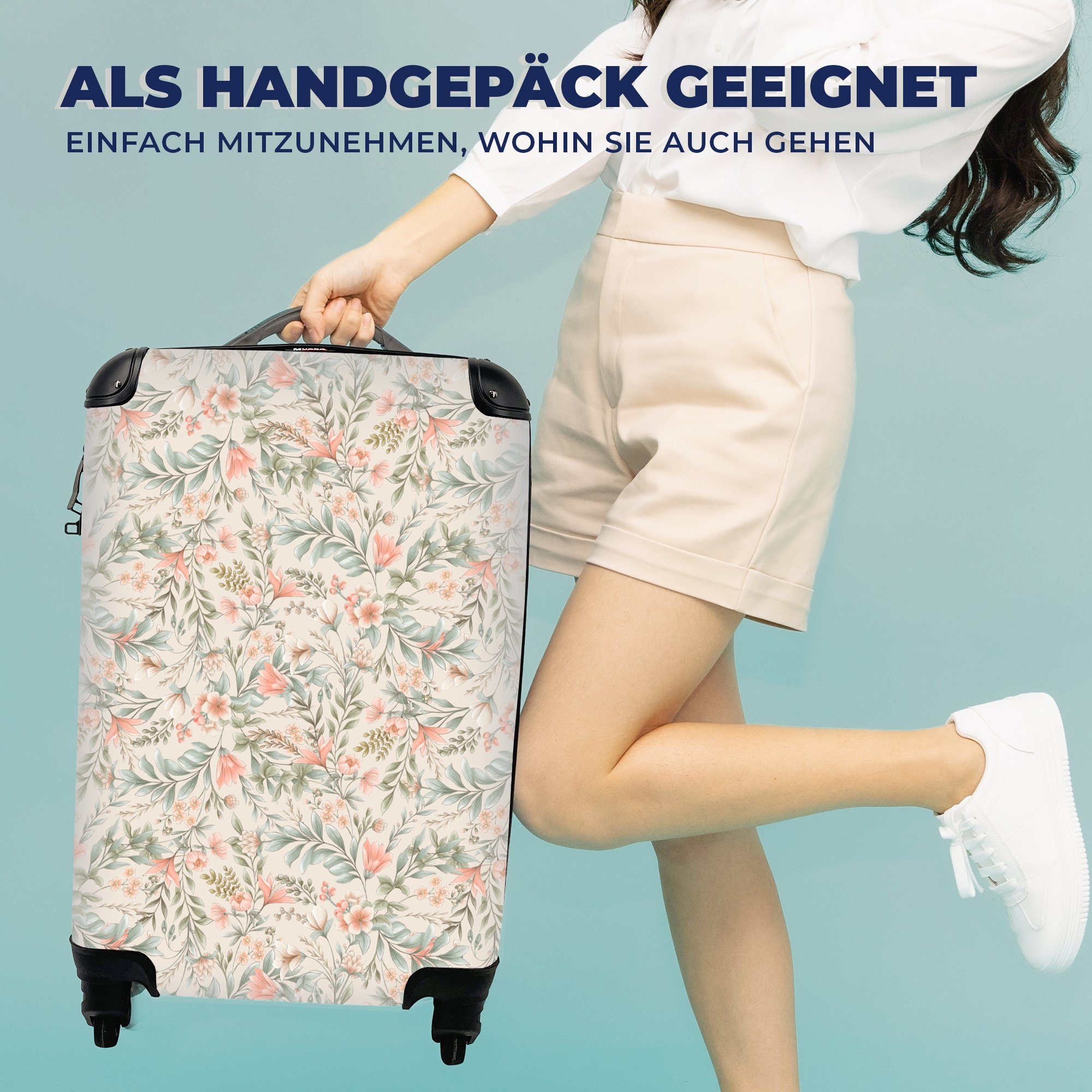 mit Handgepäckkoffer 4 MuchoWow für Vintage Pflanzen, Trolley, Ferien, rollen, Muster Reisekoffer Reisetasche Rollen, - - Handgepäck