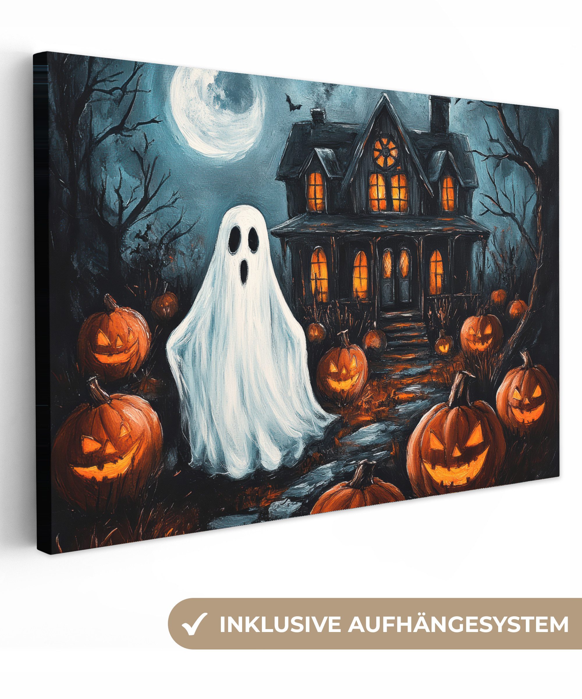 OneMillionCanvasses® Leinwandbild Halloween - Spukhaus - Kürbis - Gespenst, günstig online kaufen