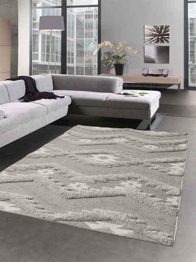 Outdoorteppich Sisalteppich für In- & Outdoor Balkon Schlafzimmer gezackt gestreiftes Rautenmuster 3d creme grau, Carpetia, rechteckig, Höhe: 20 mm