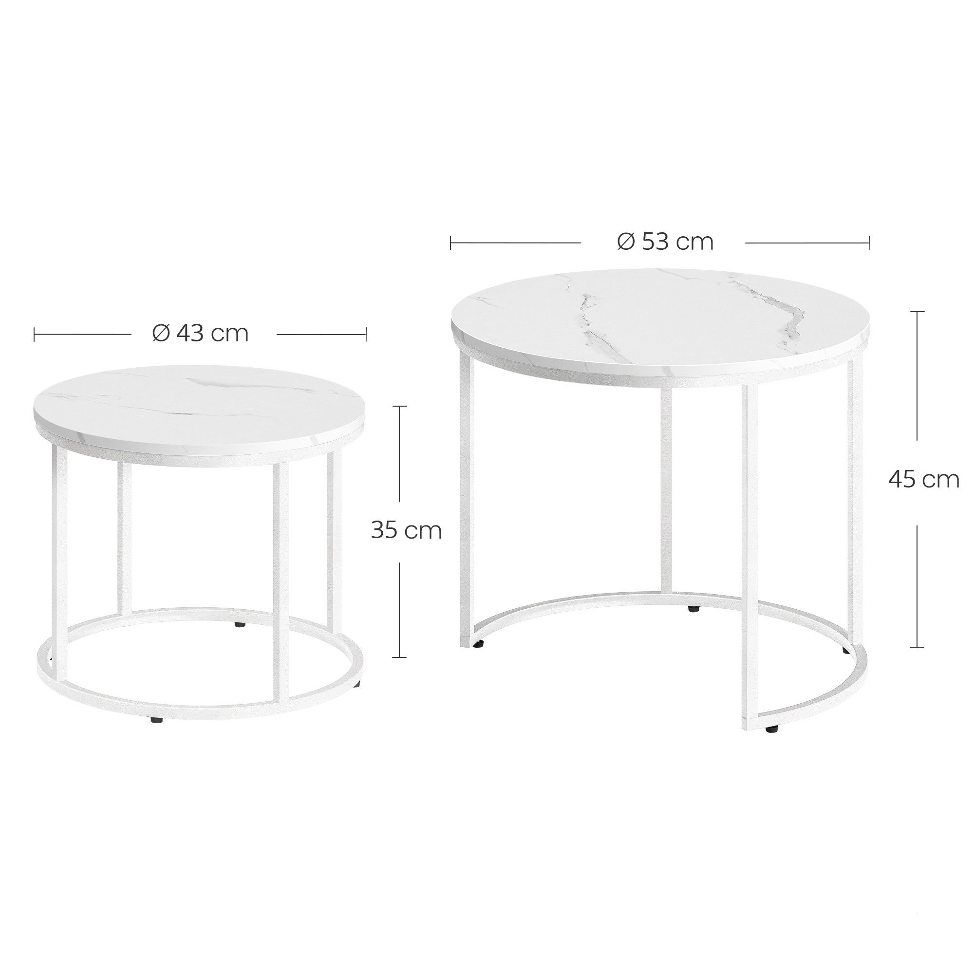 Home Collective Couchtisch 2er Set Beistelltisch Loft Design 2in1 Verschachtelung Wohnzimmer, kratzfeste Oberfläche 53cm & 43cm Weiß Marmor Optik mit Weißen Beinen