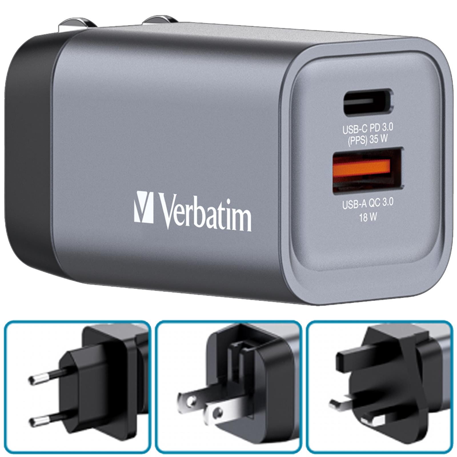 Verbatim Universal 3in1 Reise Ladegerät 35W USB Netzteil Smartphone-Ladegerät (3000 mA, UK US EU Reise kompatibel)