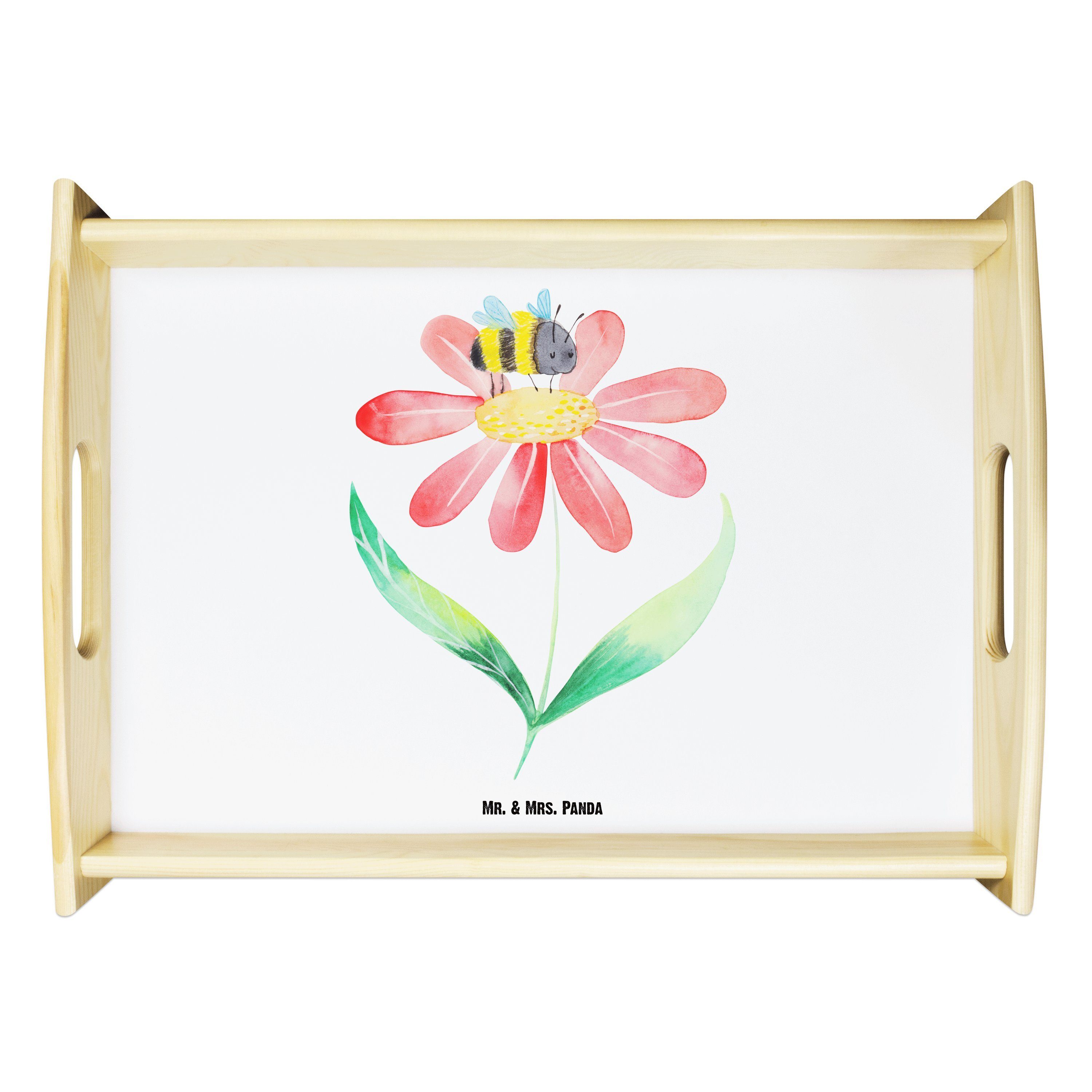 Mr. & Mrs. Panda Tablett Hummel Blume - Weiß - Geschenk, Hummeln, Dekotablett, Feld, Tablett, Echtholz lasiert, (1-tlg) | Tabletts
