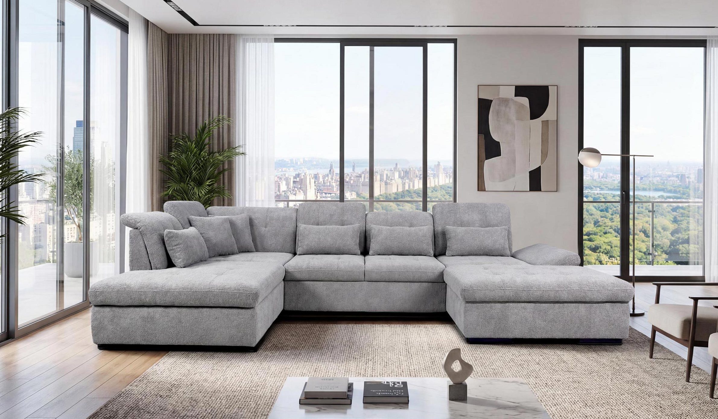 Hygger Möbelhaus Wohnlandschaft Oregon U-Form 370 cm Ecksofa wahlweise mit Schlaffunktion, Polsterecke 200/250 cm XXL U Wohnlandschaft inkl. Bettkasten Modern, inkl. 4 Kissen, Kopfstützen verstellbar, Sitztiefe, Armlehnen