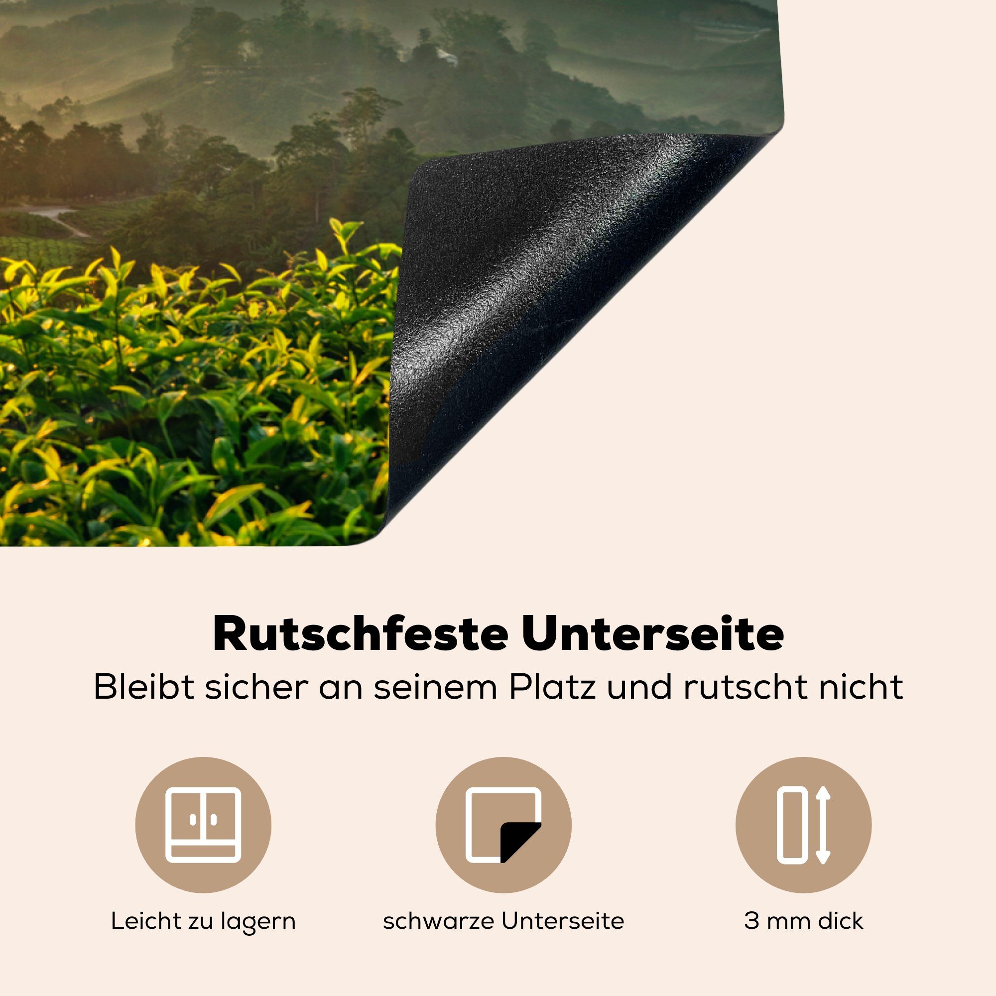 81x52 (1 Schutz küche, Malaysia, Teeplantagen Induktionskochfeld Vinyl, in Sonnenuntergang für MuchoWow bei cm, die tlg), Ceranfeldabdeckung Herdblende-/Abdeckplatte