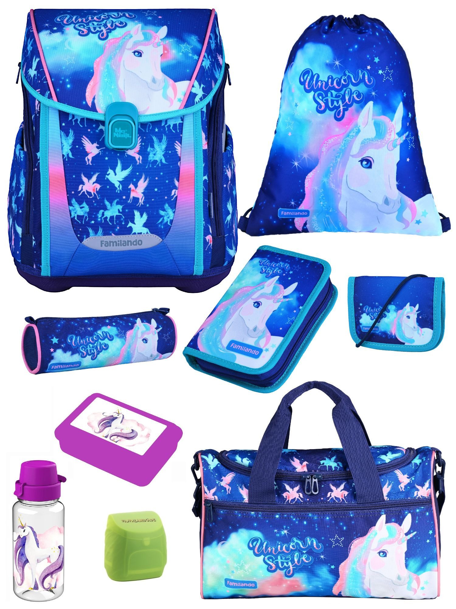 Familando Schulranzen Unicorn Einhorn Schultasche, Pferde, blau, rosa, ab 1. Klasse (Set, 9-tlg., inkl. Lunch-Set und Sporttasche), mit Brustgurt, 1.000 Gramm leicht, 20L Volumen