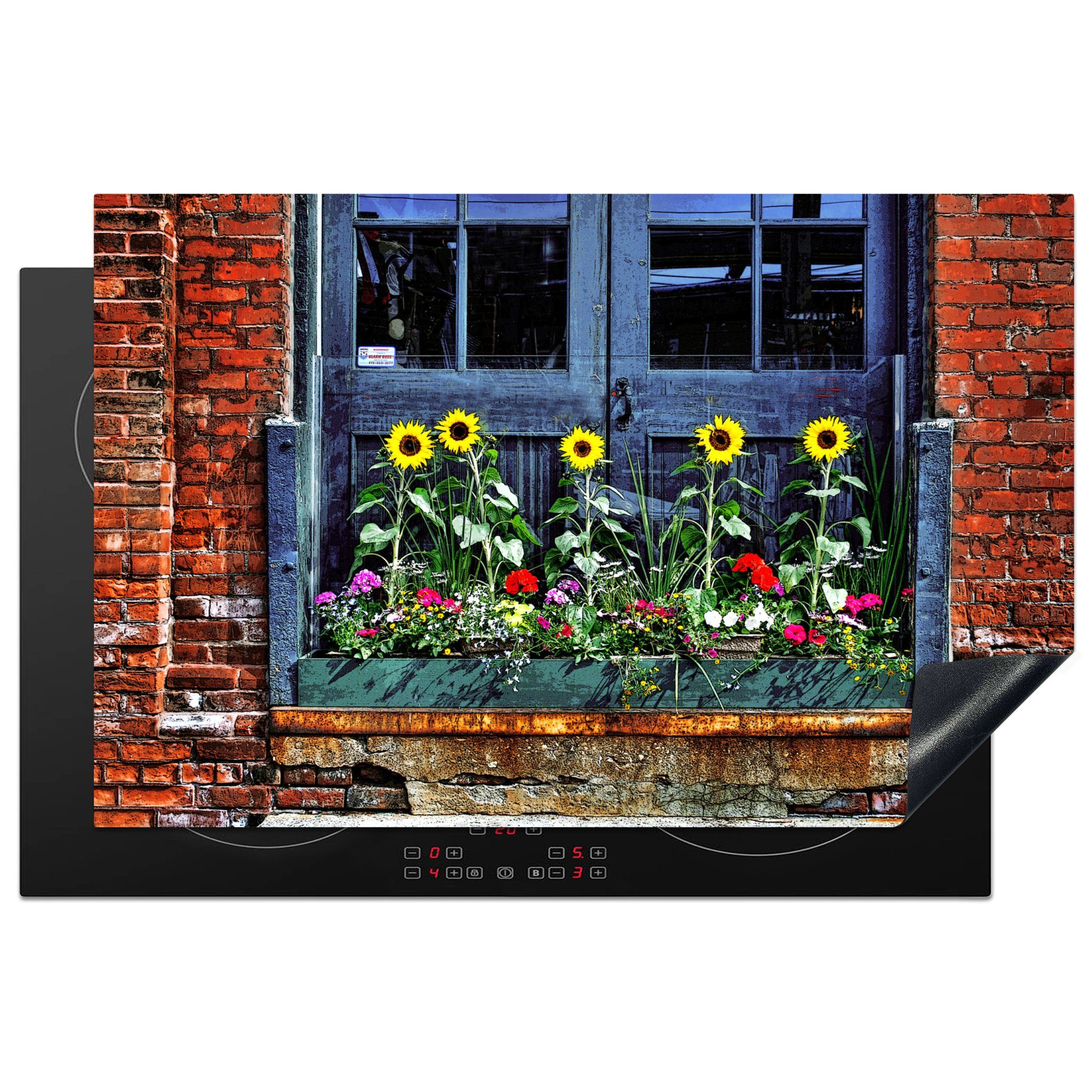 MuchoWow Herdblende-/Abdeckplatte Sonnenblume - Fenster - Farben, Vinyl, (1 tlg), 81x52 cm, Induktionskochfeld Schutz für die küche, Ceranfeldabdeckung