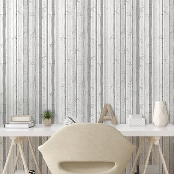 Abakuhaus Vinyltapete selbstklebendes Wohnzimmer Küchenakzent, Grau und Weiß Birke Woods