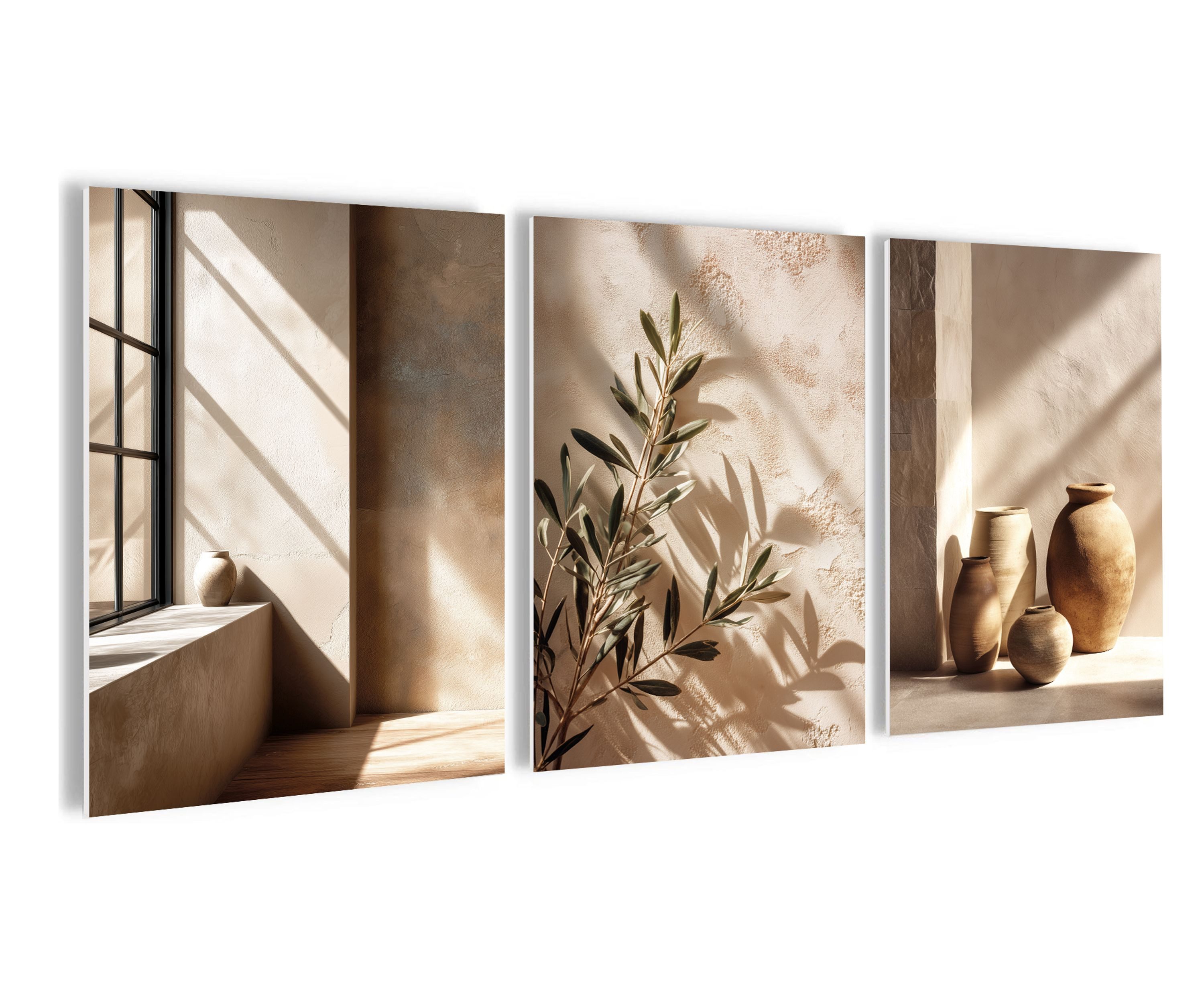 artissimo Mehrteilige Bilder Wandbilder-Set 3er-Set / Japandi Wanddeko / Wohnzimmer, Stillleben: Vasen und Olivenzweig in beige braun