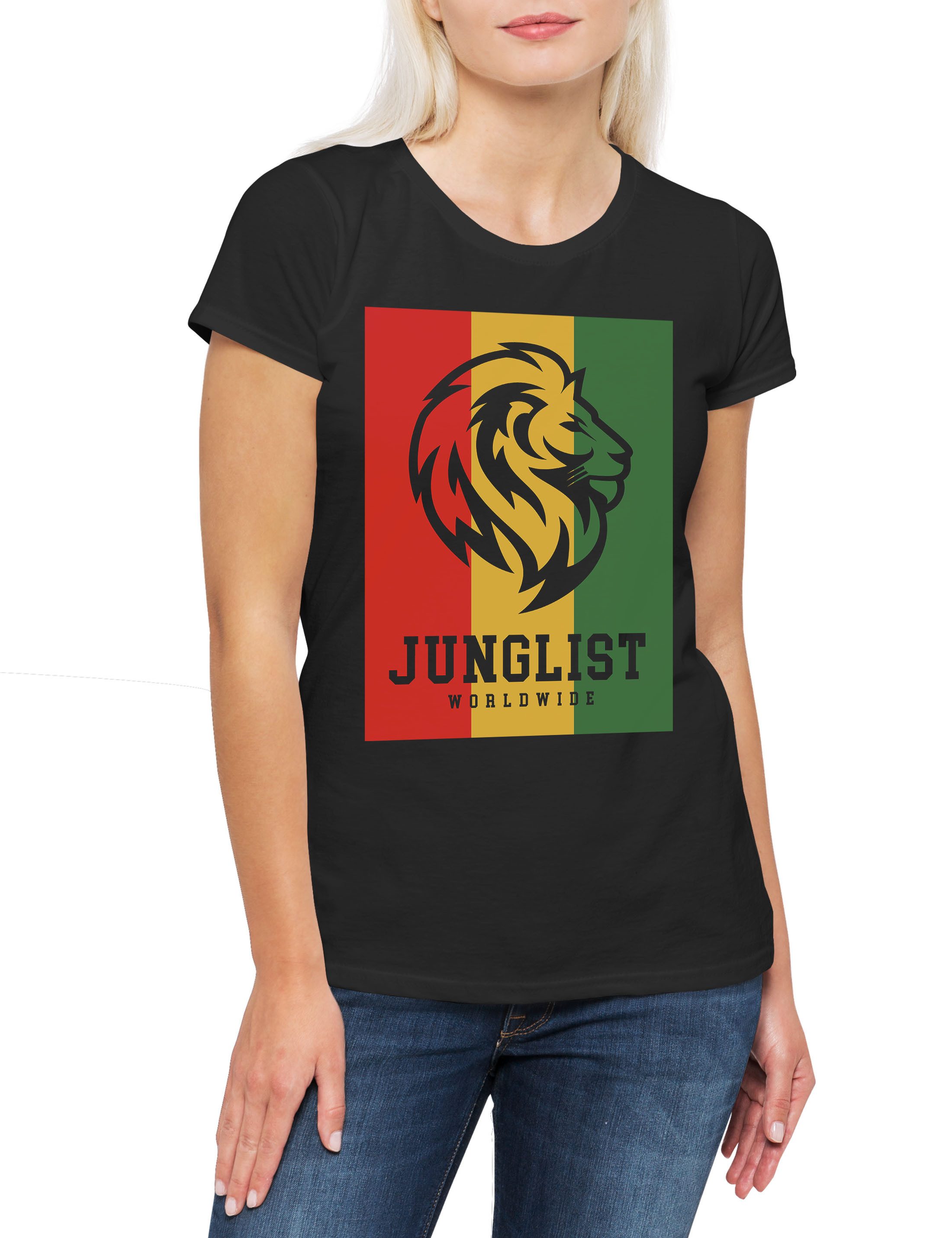 Print-Shirt Junglist Worldwide Damen T-Shirtfari Jah Irie Zion Reggae