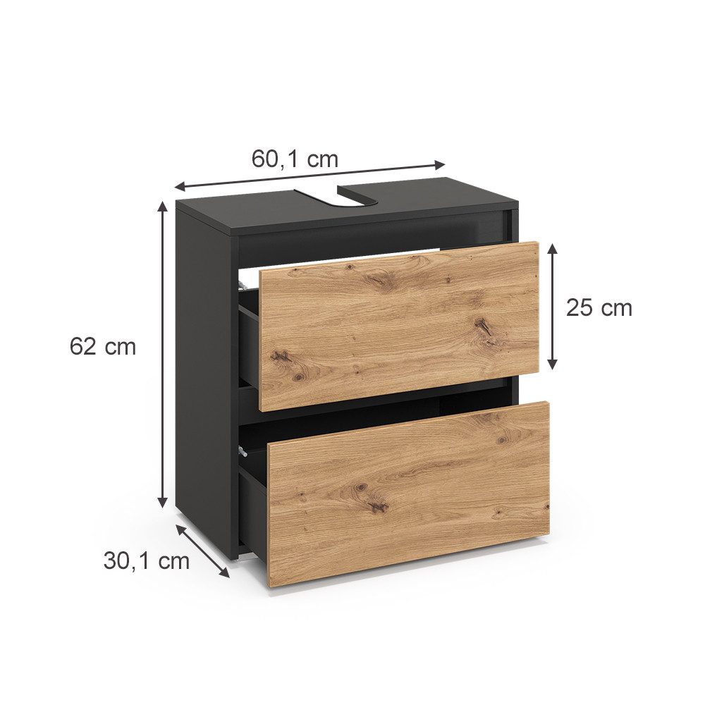 Vicco Waschbeckenunterschrank Majest, Anthrazit/Artisan, 60.1 x 62 cm mit 2 Schubladen (1-St)