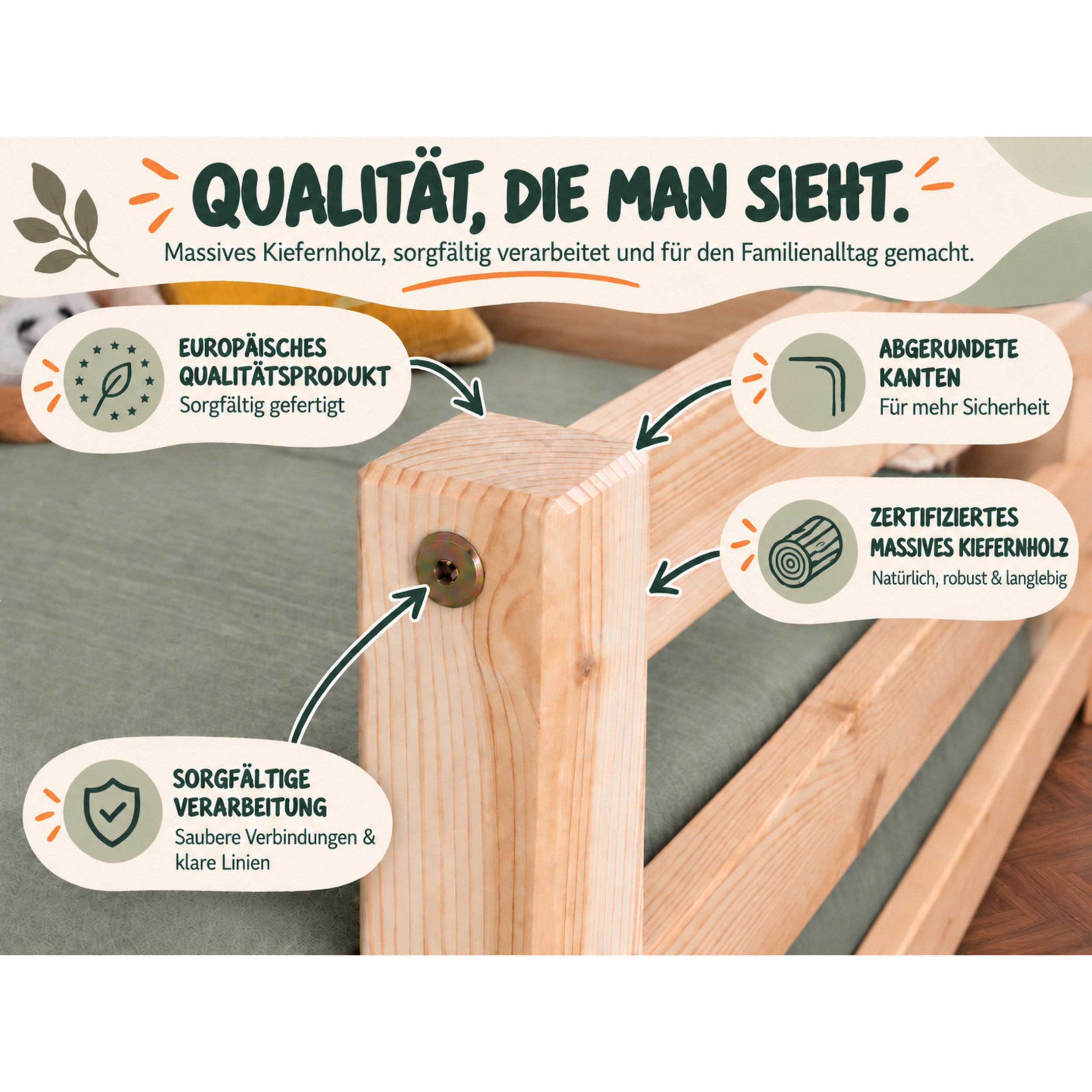 Ticaa Kinderbett Neo Hausbett Bodenbett mit Rausfallschutz 150kg (140x200 aus Kiefer Massivholz), inkl. stabilem Roll-Lattenrost, Natur – Bild 5 von 5