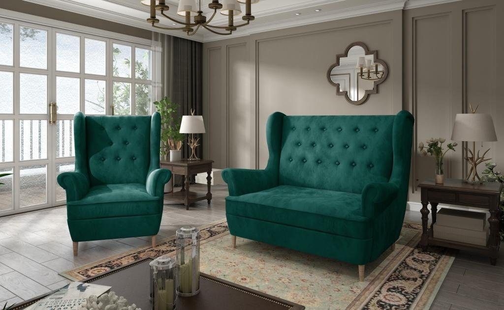 JVmoebel Wohnzimmer-Set Graue Stoff Chesterfield Sofagarnitur 2+1 Sitzer Sofa Couch Polster Grün