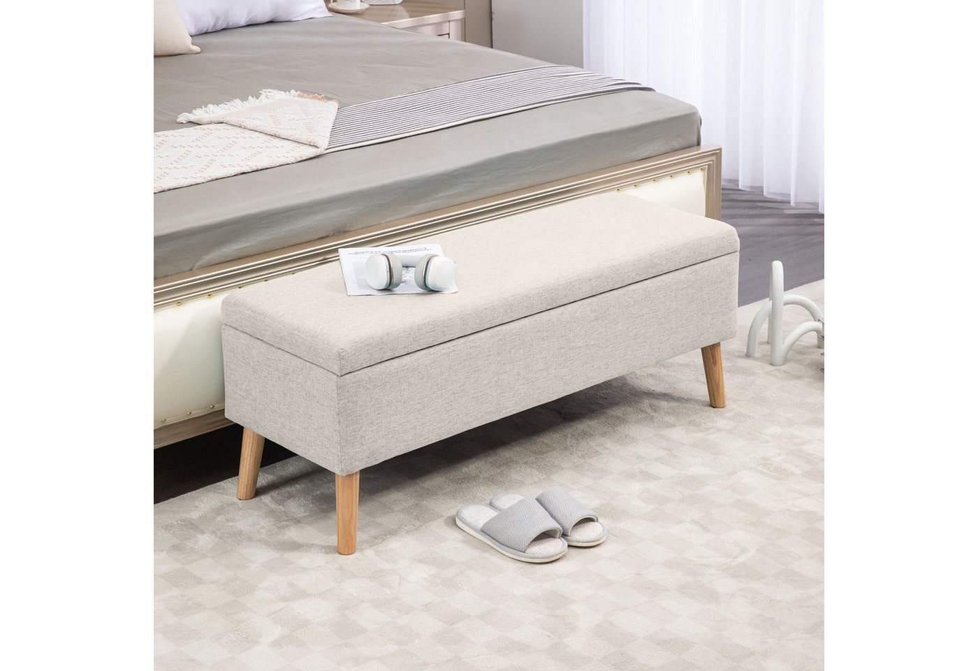 HOMCOM Sitzbank Polsterbank mit Leinenoptik, Sitztruhe mit Holzbeine (Truhenbank, 1-St., Polsterbank), Gummiholz Beige 110 x 39 x 45 cm