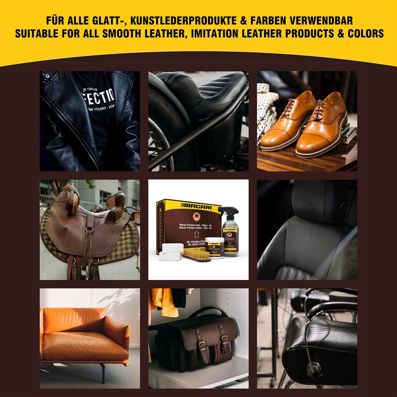 Macari Premium Leather Care Set for Leather Couches, Cars, Shoes, and Leather (Leather Couch, Car Furniture, Jacket, Clothing, Sofa, Handbag, Shoes, Saddle, Leather Grease, [4-pcs. 500ml])