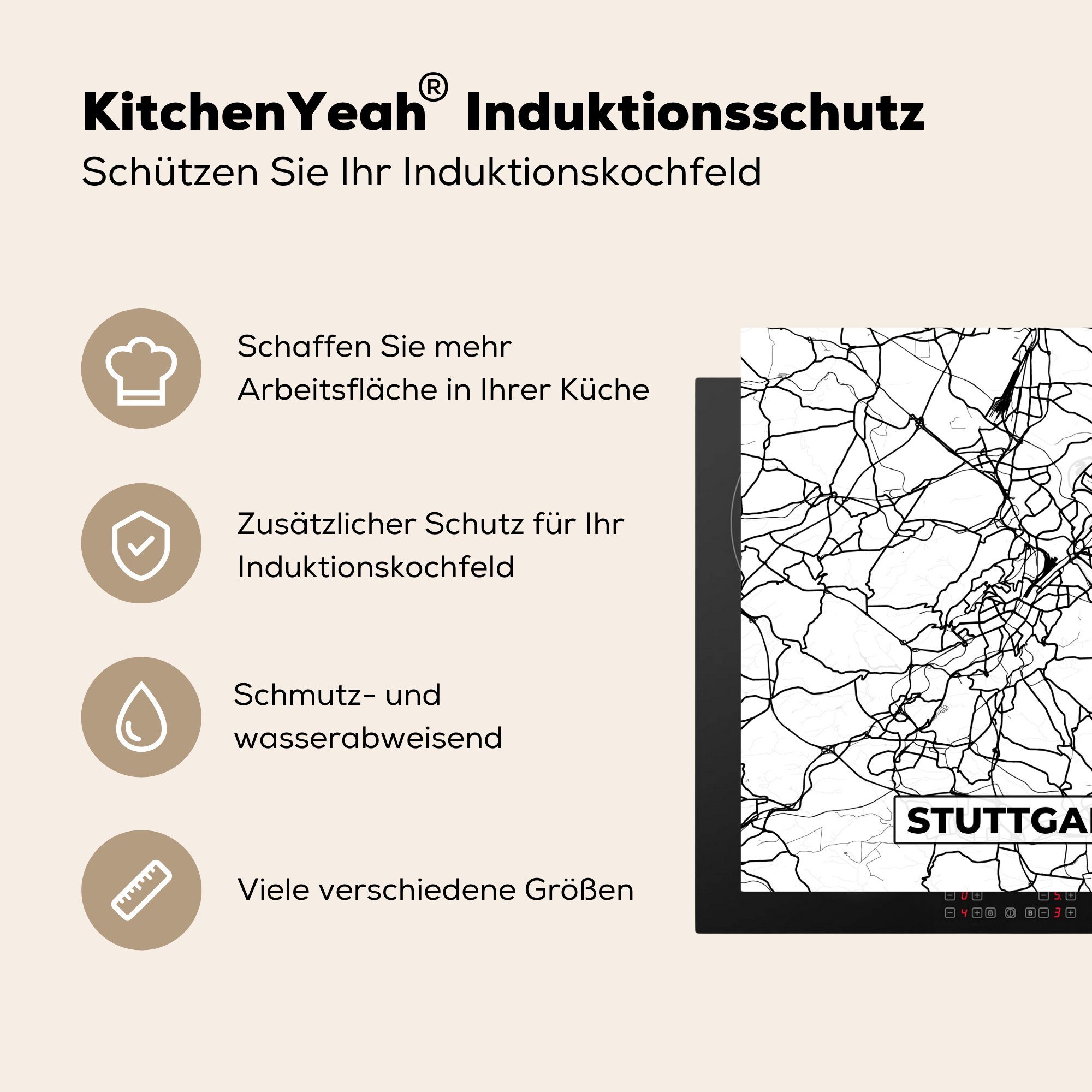 küche 78x78 Arbeitsplatte Stuttgart Stadtplan, MuchoWow Vinyl, tlg), - Herdblende-/Abdeckplatte Karte - (1 Ceranfeldabdeckung, cm, für