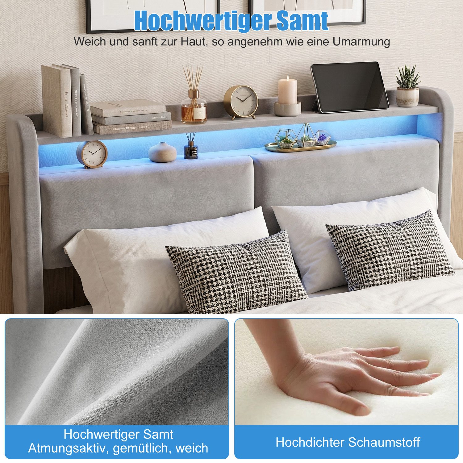oyajia Polsterbett LED Doppelbett 140x200cm, Stauraumbett mit Kopfteil, Samt (mit Komforthöhe, Leises Design Bett), Stauraumbett mit Hydraulische Metallrahmen u – Bild 4 von 5