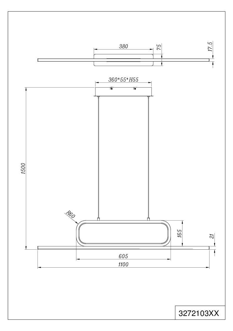 Pendelleuchte (BHT TRIO TRIO-Leuchten BHT Leuchten 110x150x7.50 cm) Pendelleuchte, AICK Pendelleuchte