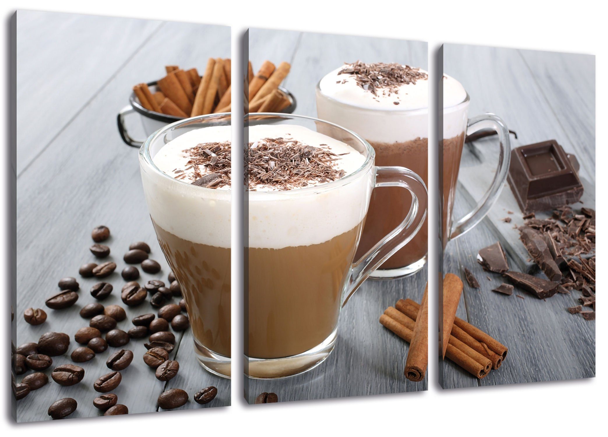 Pixxprint Leinwandbild Schokolade und inkl. St), (120x80cm) Zackenaufhänger und Leinwandbild bespannt, fertig (1 Kaffee, 3Teiler Schokolade Kaffee