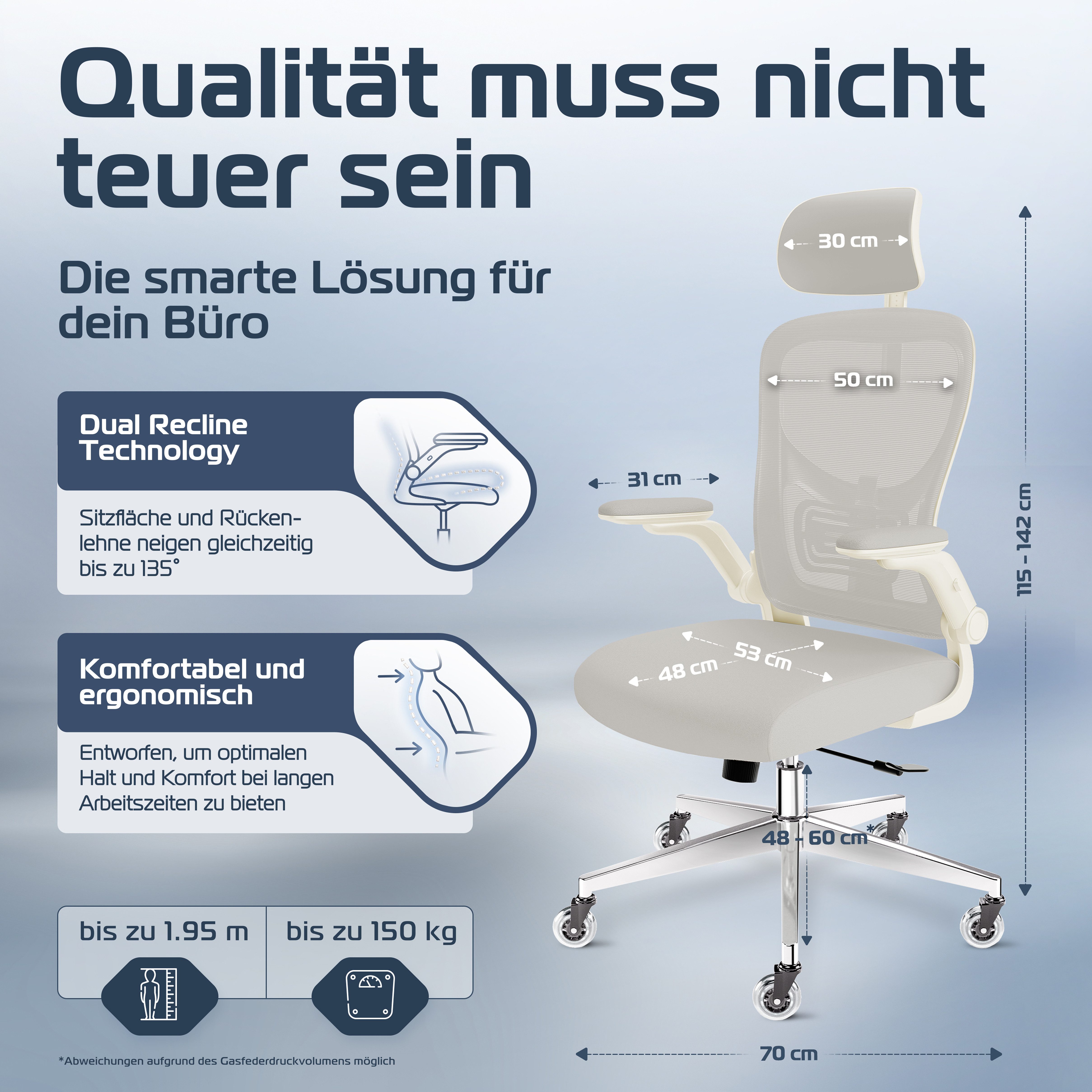 CLOUVOU Bürostuhl Ergonomisch, Schreibtischstuhl bis 150 kg - Testsieger (SmartSeat - Chefsessel für Arbeitszimmer, 3D-Kopfstütze & Flip-Up Armlehnen), Blade Wheels, Homeoffice, Gaming Stuhl, Drehstuhl
