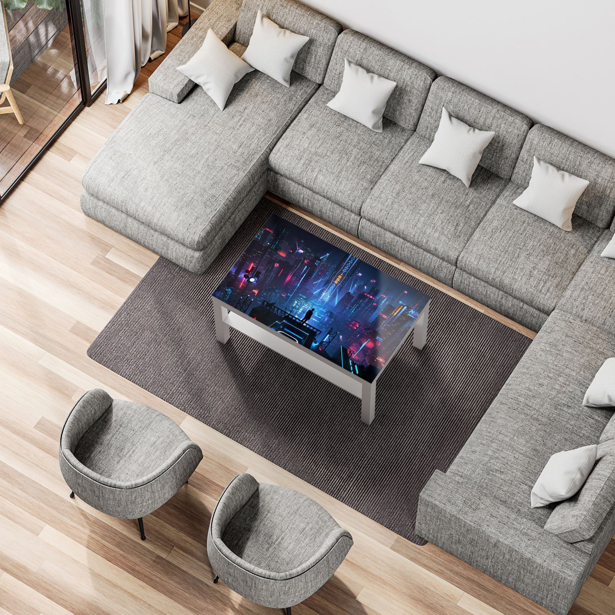 DEQORI Couchtisch 'Cyberpunk Stadt bei Nacht', Glas Beistelltisch Glastisch modern