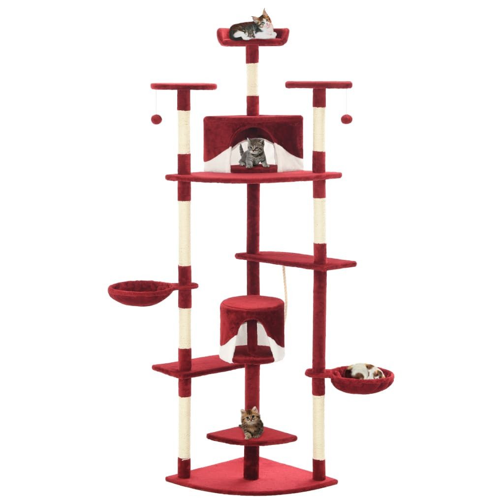 furnicato Kratzbaum Katzen-203 cm Rot und Weiß, Spielturm mit zwei Häusern, Körben und Spielzeug für deine Katze