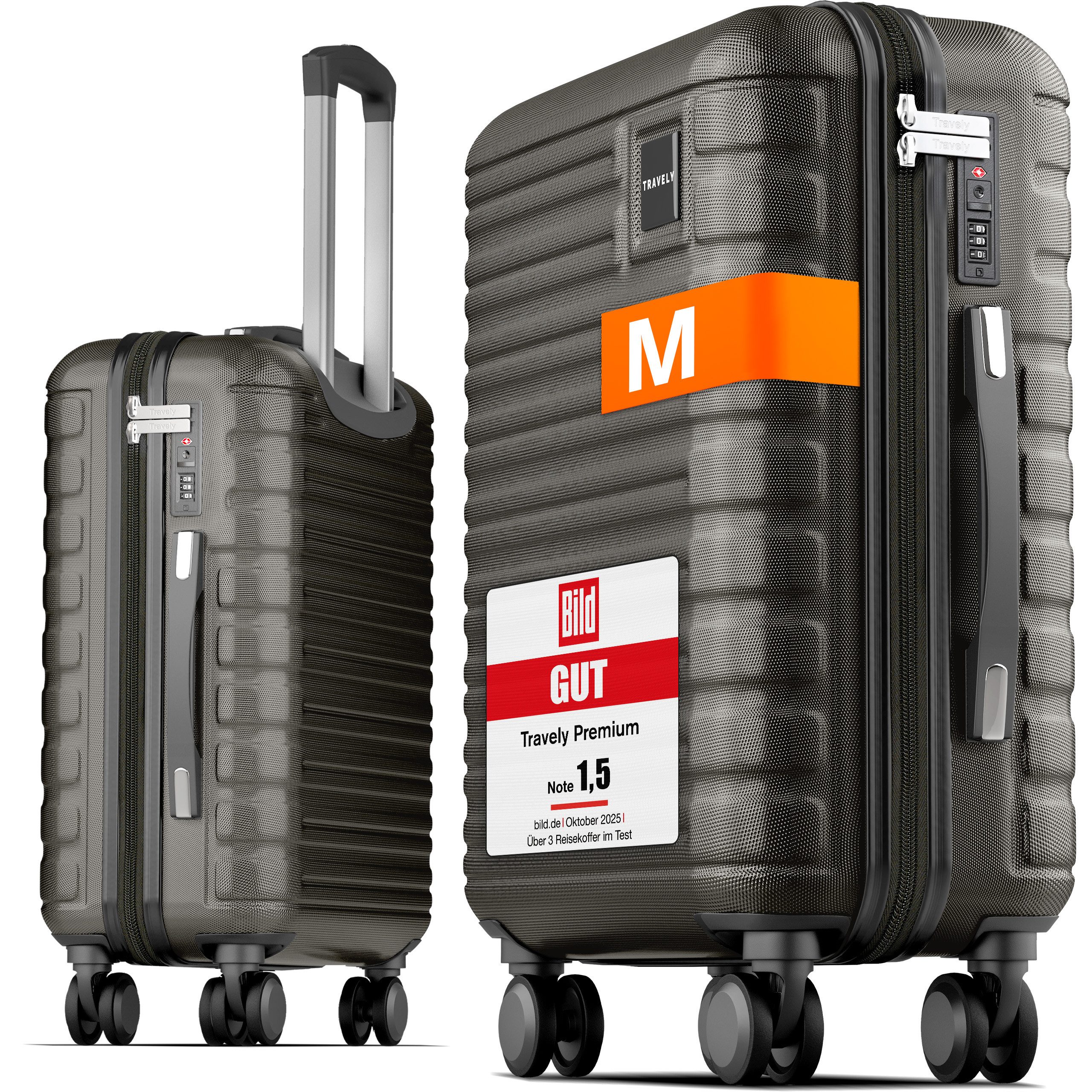 Travely Koffer Polycarbonat Handgepäck Koffer 55x40x20cm - für Ryanair Lufthansa etc, 4 Rollen, Designed in Germany, austauschbare Griffe und Rollen
