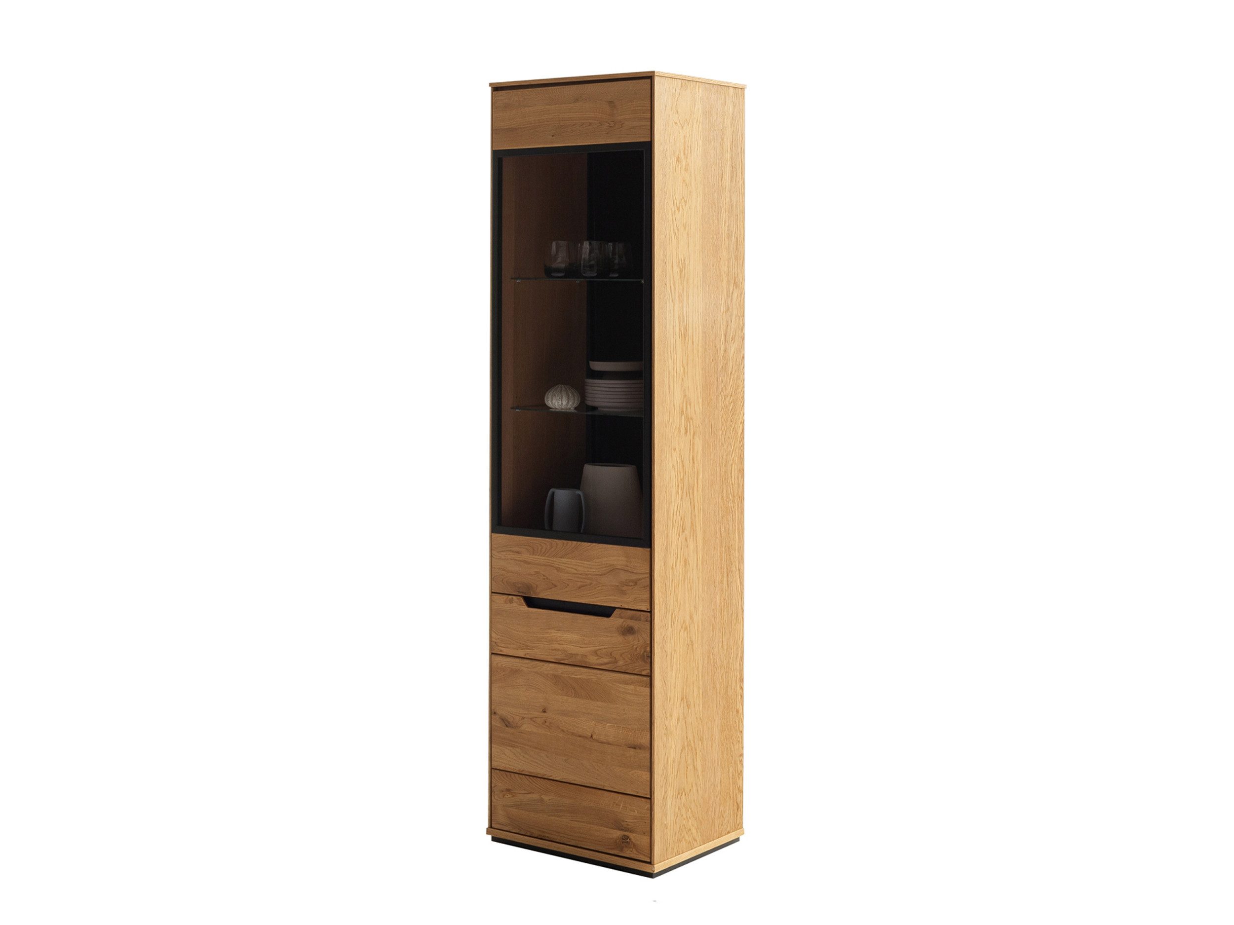 Massivart® Glasvitrine Vitrine 53 x 196 cm Wildeiche geölt »ARAYA« Massivholz · 1 Glastür · 1 Drehtür · 3 Einlegeböden