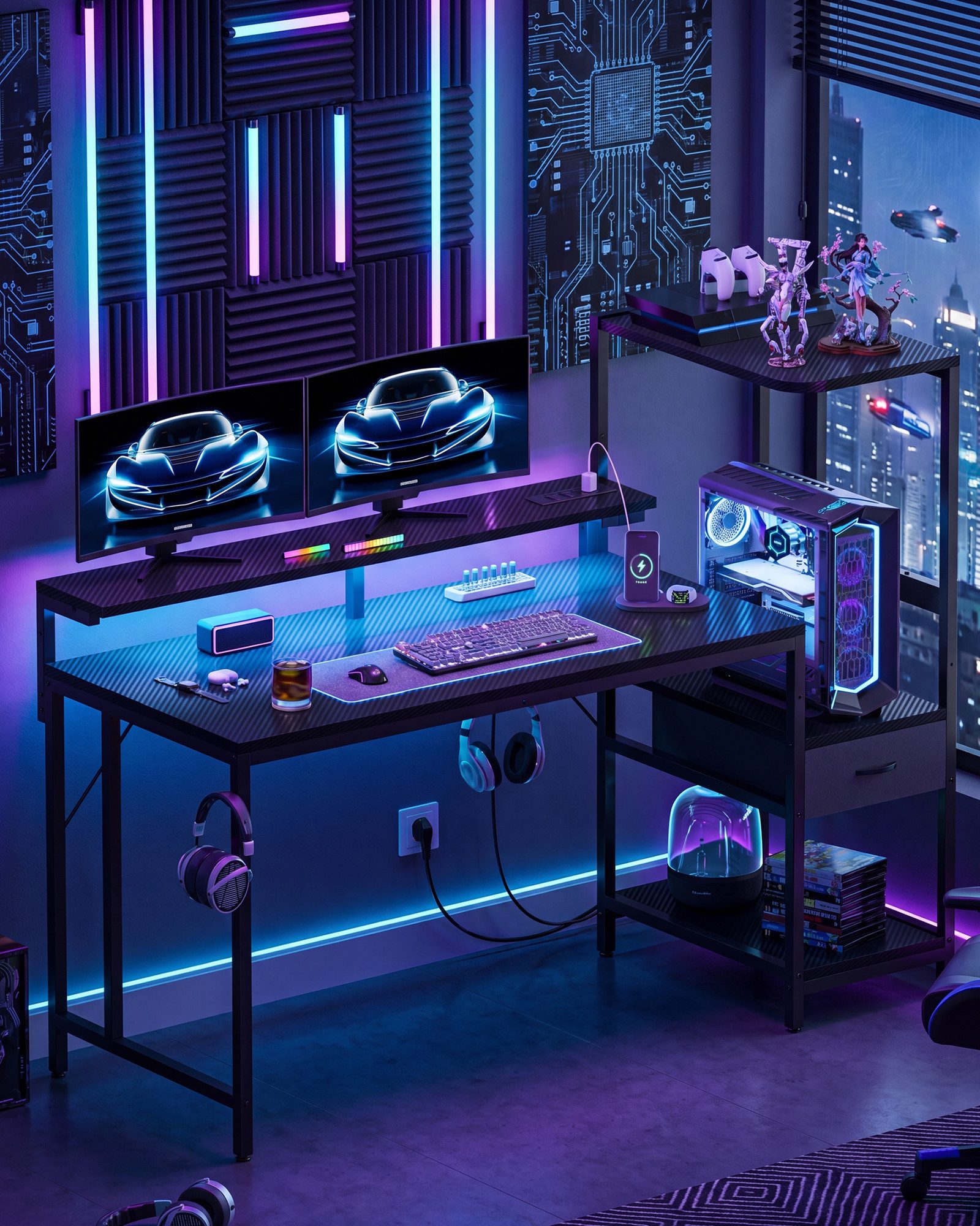 HOMALL Gamingtisch Schreibtisch mit LED-Beleuchtung und Tischplatte aus Karbonfaser (Maße: 120/140 cm, mit einer Schublade, einer Steckdose, einer Monitorhalterung und einer Kopfhörerhalterung, wobei die Halterungen sowohl links als auch rechts angebracht werden können; die Höhe der Schublade ist verstellbar)