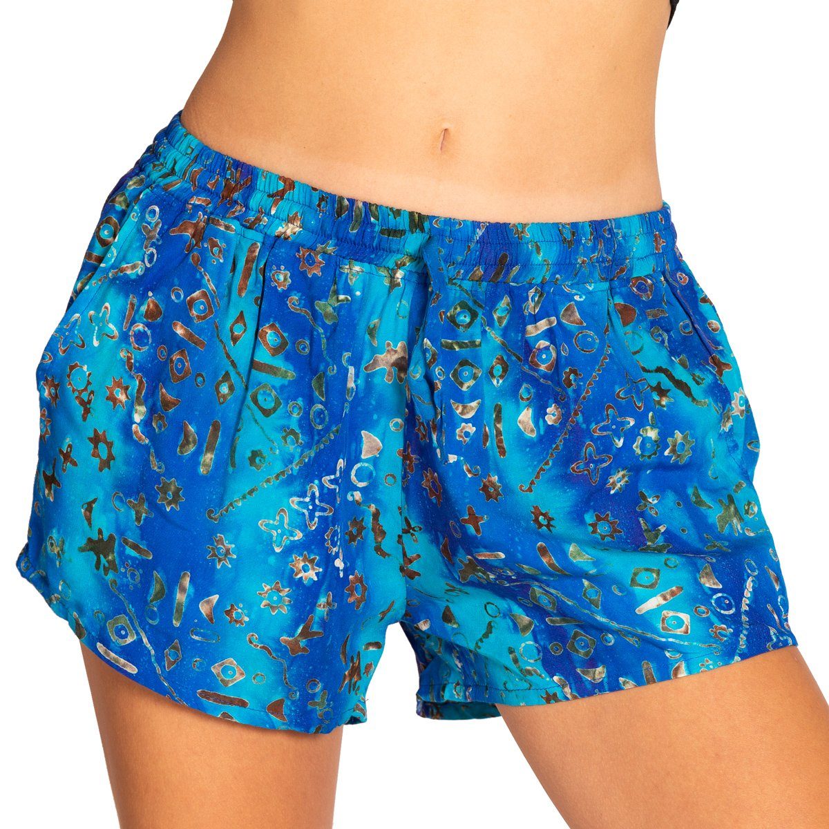 PANASIAM Strandshorts Damen Shorts Wachsbatik für Strand Yoga oder Meditation farbecht und angenehm zu Tragen Relaxshorts Damenshorts kurze Sporthose B115 blue