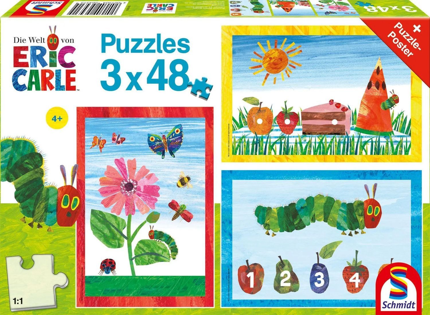 Schmidt Spiele Puzzle Die Welt der kleinen Raupe Nimmersatt, 3x48 Teile, 48 Puzzleteile