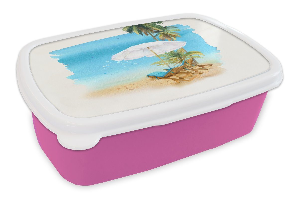 MuchoWow Lunchbox Strandkorb - Sonnenschirm (2-tlg), Erwachsene, für Kinder, Brotdose Wasserfarben, Snackbox, - Kunststoff, Kunststoff Mädchen, Brotbox - rosa Palmen