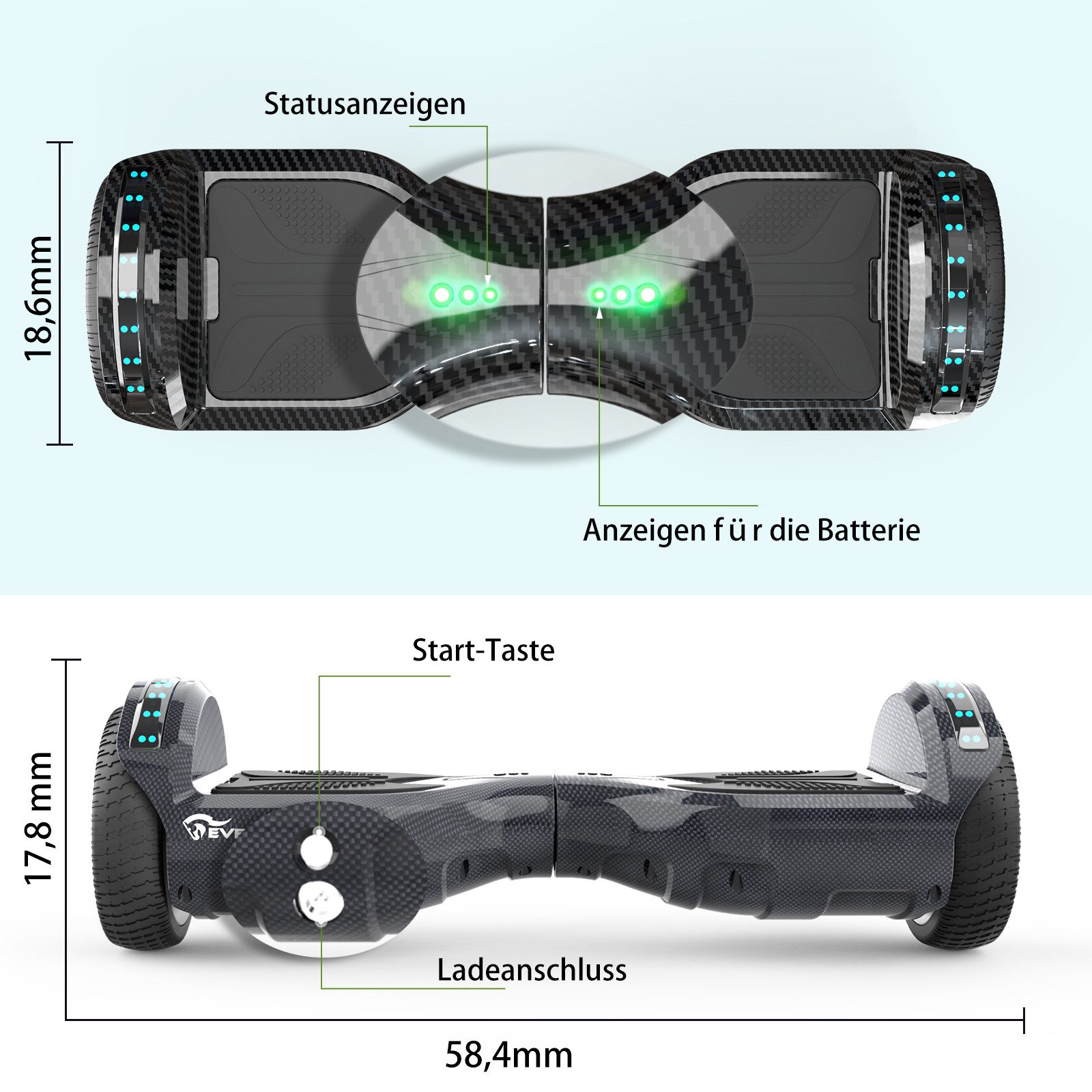 EVERCROSS TECH Balance Scooter 6.5” Hoverboard mit Sitz, Leuchtende Reifen, Bluetooth-Musik, LED-Lichter, bis zu 10-15 km, Geschenke für Kinder