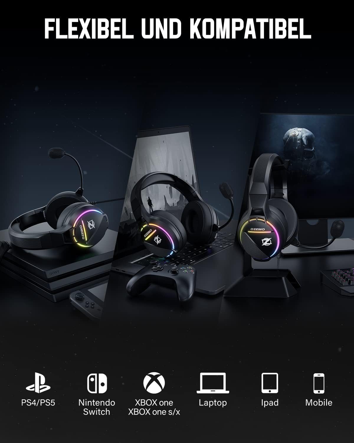 O-Track Mikrofon Leicht Kopfhörer Spielgeschehen:, PS5 (360-Grad-3D-Surround-Sound Cancelling PS4 Eintauchen Licht Xbox) ins RGB PC mit Gaming-Headset für ozeino Mac für Surround Bequem Sound 3D Noise