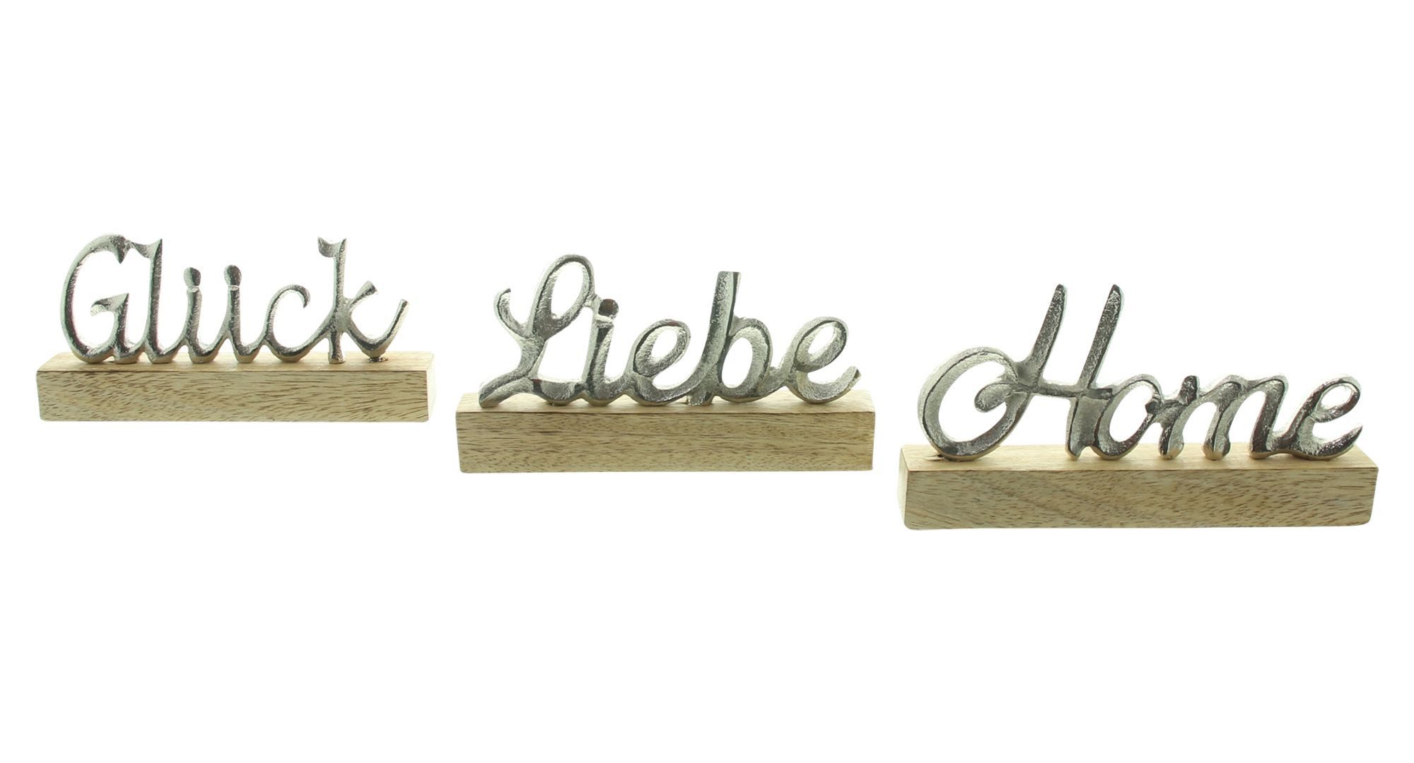 Dekoleidenschaft Deko-Schriftzug "Liebe, Home & Glück" aus Aluminium in silber & Sockel aus Mangoholz (3 St., im Set), Deko-Aufsteller, Buchstaben, Tischdeko, Wohnzimmer Dekoration aus Holz