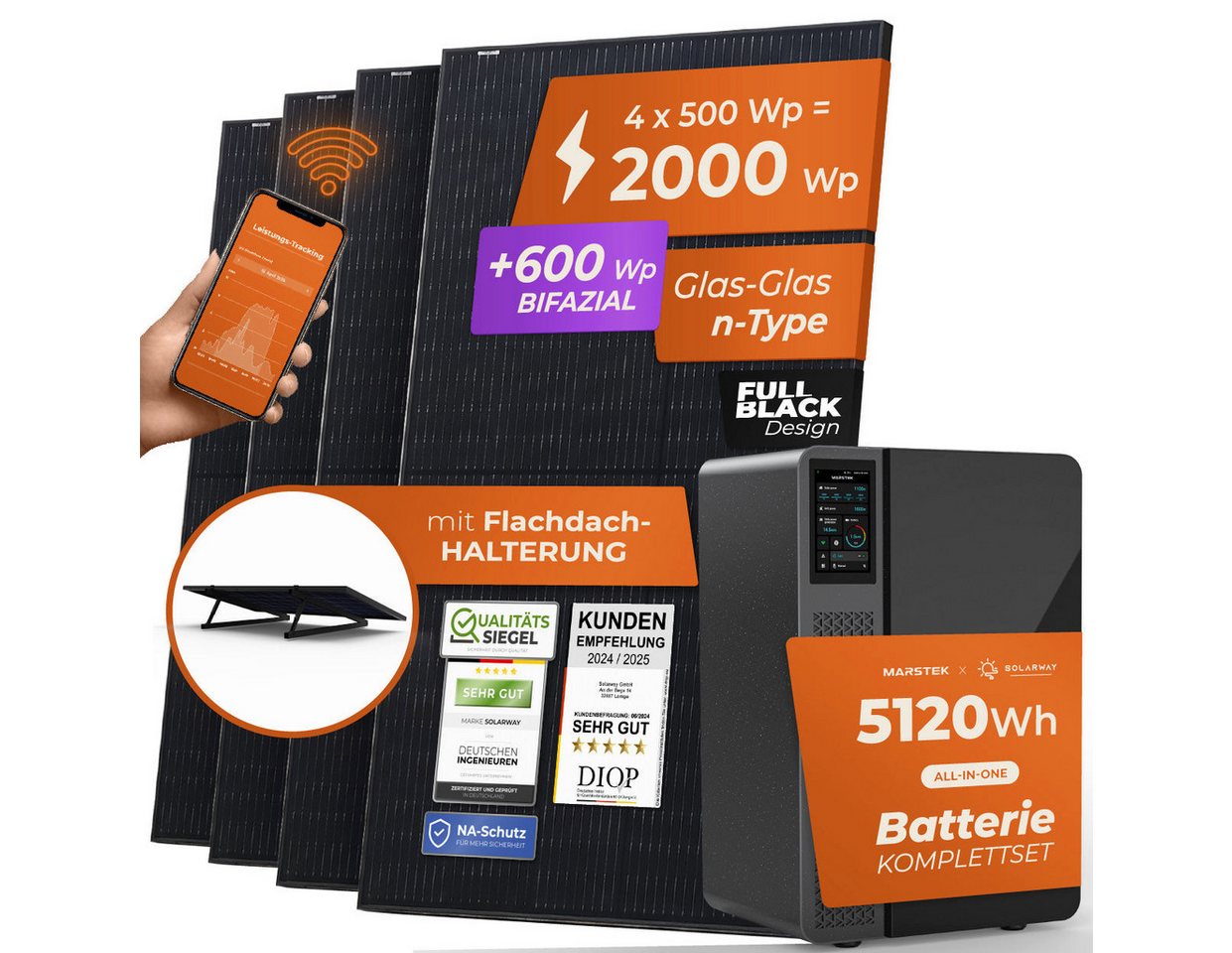 Thumbnail - Solarway Balkonkraftwerk 2000 Watt Pro Marstek Jupiter E 5120 Wh All-In-One Speicher, Monokristalline Halbzellen mit n-T...