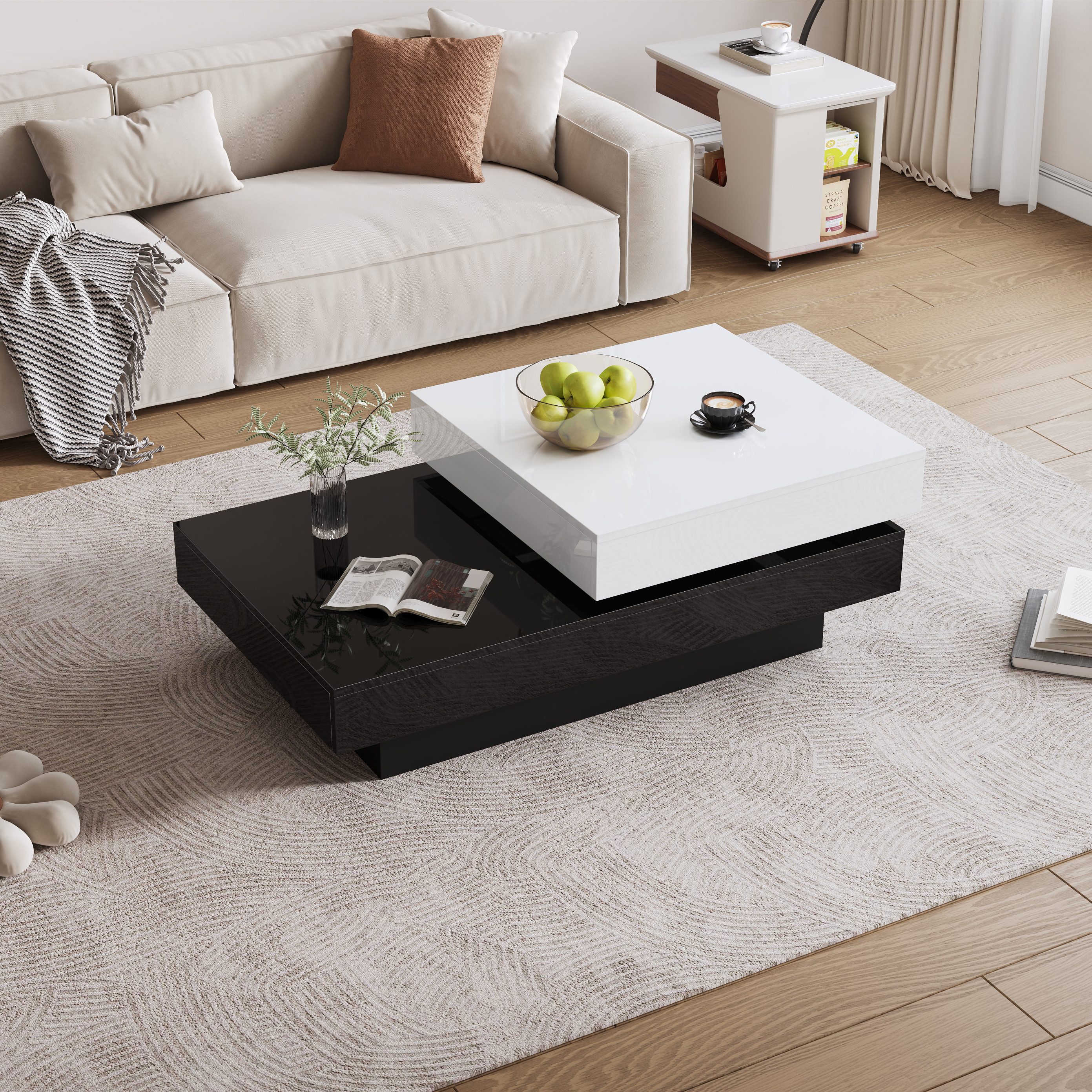 Merax Couchtisch drehbar mit Stauraum & 2 Ebenen (1-St., 1 Tisch), Wohnzimmertisch Hochglanz Sofatisch Beistelltisch, 100x60x35cm – Bild 4 von 5