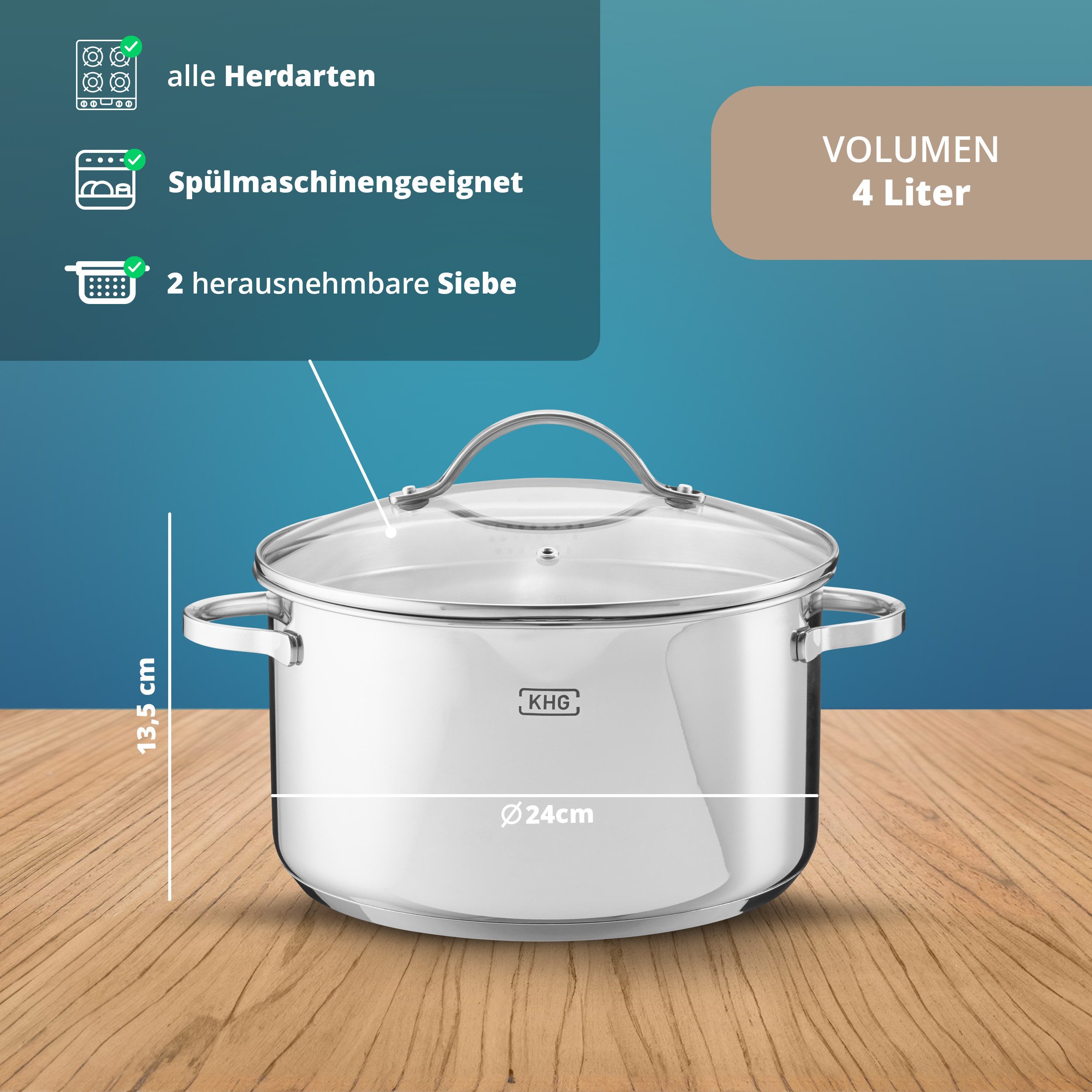 KHG Kochtopf Fleischtopf Ø 24 cm, integriertes Sieb, Ausguss, Innenskala, Edelstahl, 4 Liter Volumen, Glasdeckel, für alle Herdarten inklusive Induktion