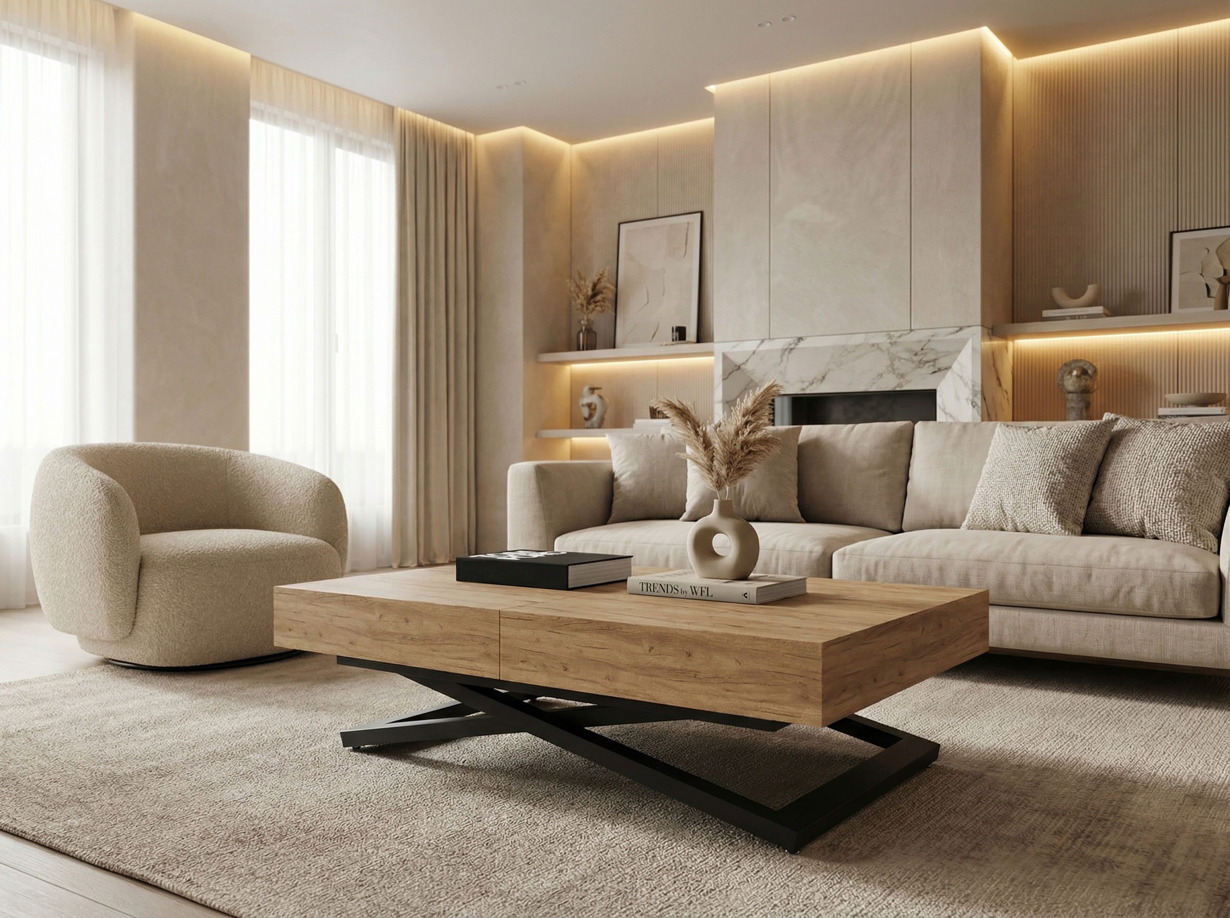 WFL GROUP Couchtisch Cavetta U höhenverstellbar ausziehbar mit schwarzen Metallbeinen (erhältlich in einer Größe – 120x80x27-76 cm, ausziehbar auf 200 cm), industrial Tisch in Holzoptik für Küche, Esszimmer oder Wohnzimmer